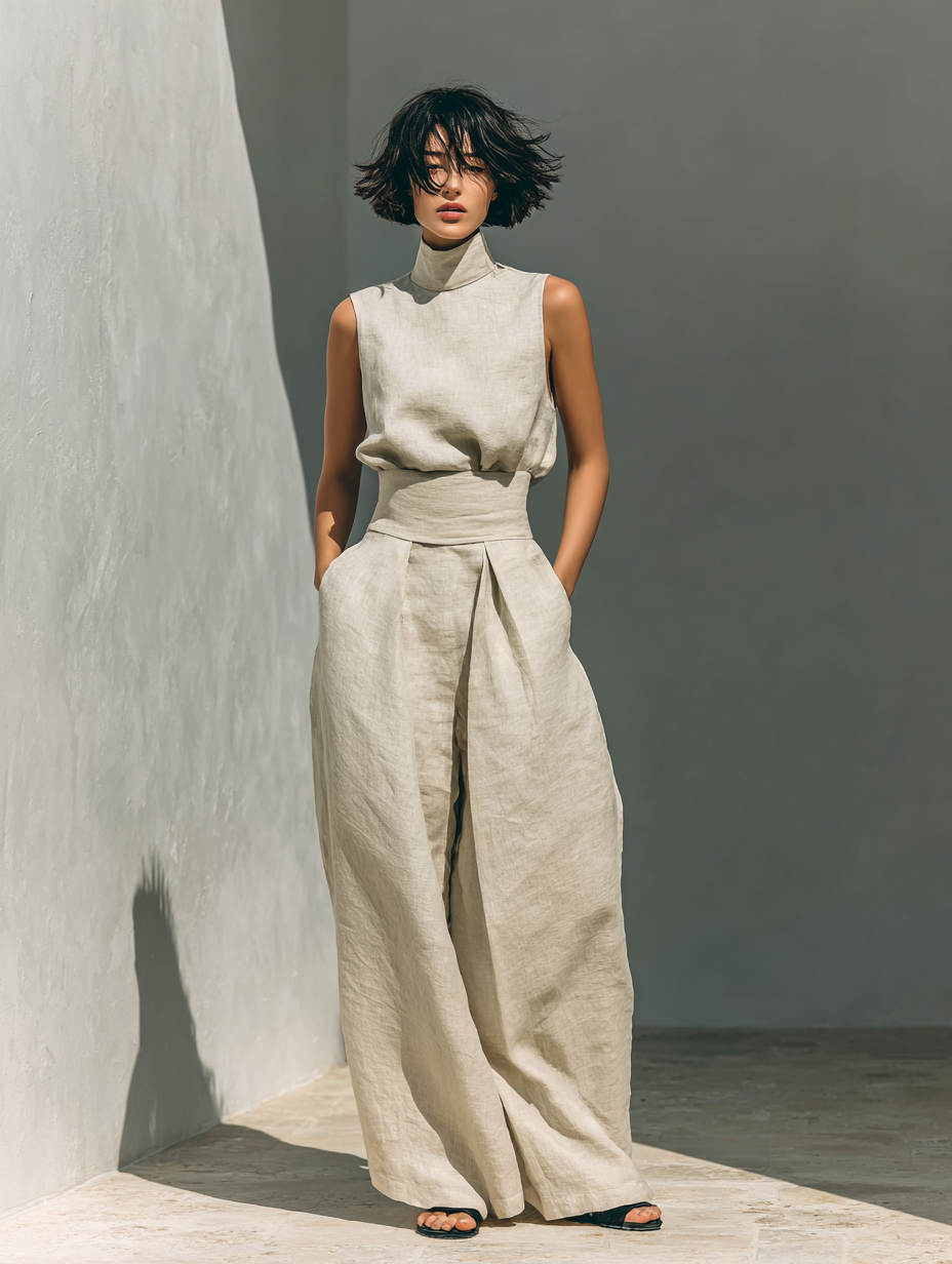 Women's Minimalist Cotton and Linen Blend Sleeveless Blouse and Wide-leg Trousers Set MDZ0873A5Y