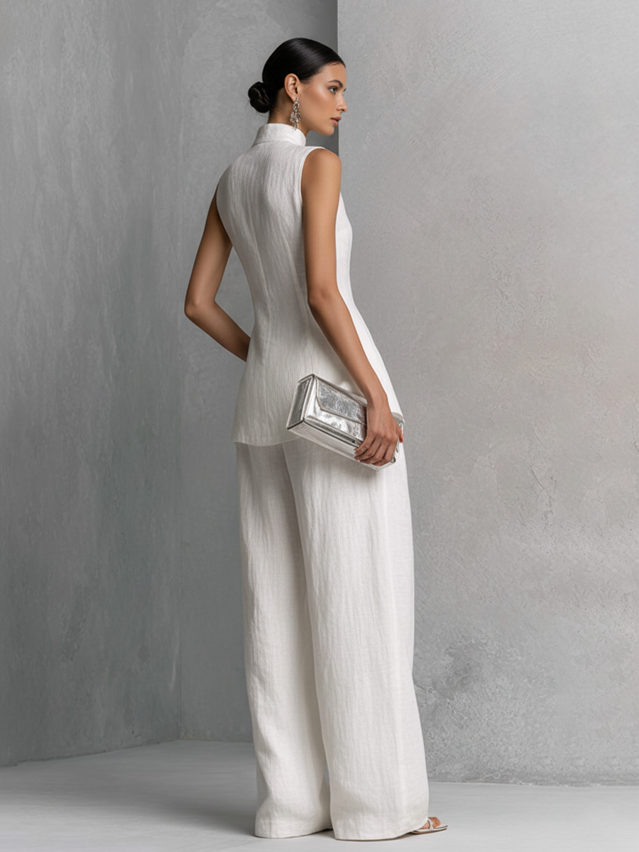 Women's Elegant White Cotton Linen Sleeveless Top and Wide-Leg Trousers Set MDZ0221B1BA