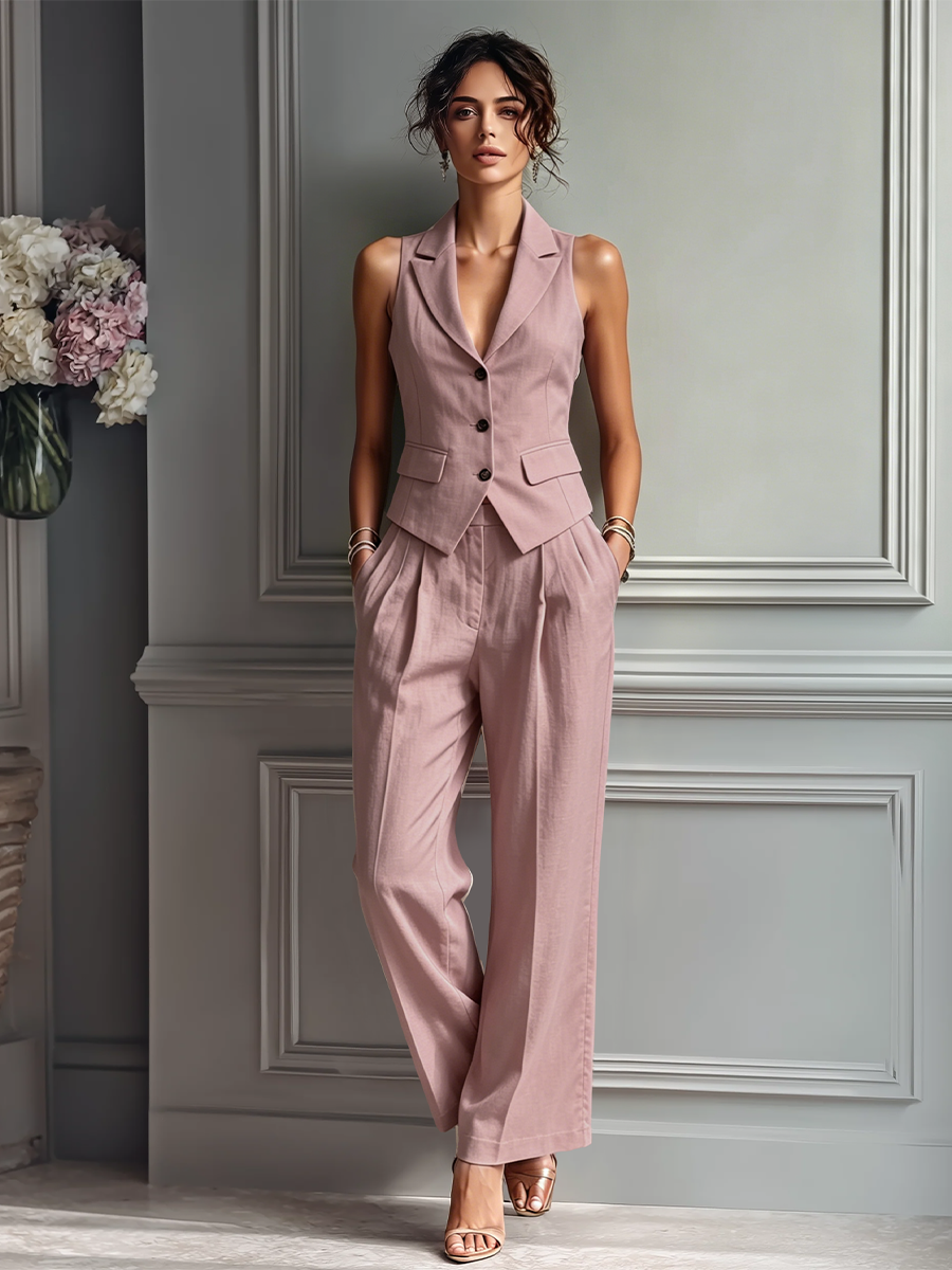 Women's Blush Pink Linen Fabric Sleeveless Vest & Wide-Leg Trousers Two-Piece Set With Lapel Collar MDZ3005A5T