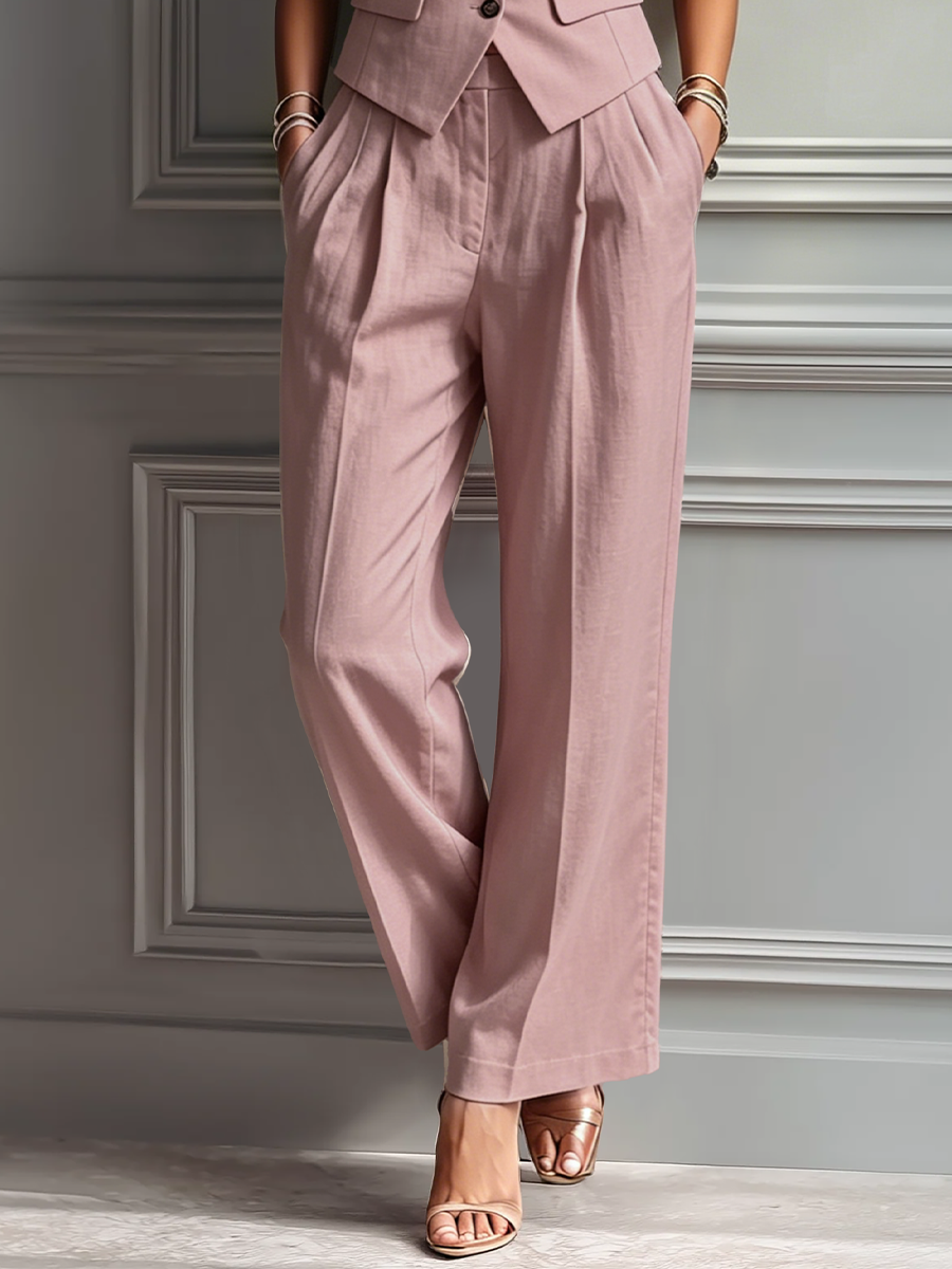Women's Blush Pink Linen Fabric Sleeveless Vest & Wide-Leg Trousers Two-Piece Set With Lapel Collar MDZ3005A5T
