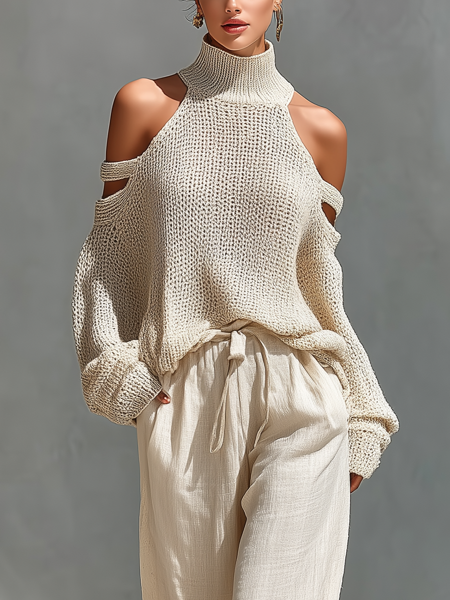 Thalia - Beige Knit Off-Shoulder Turtleneck Top & Wide Leg Trousers Set