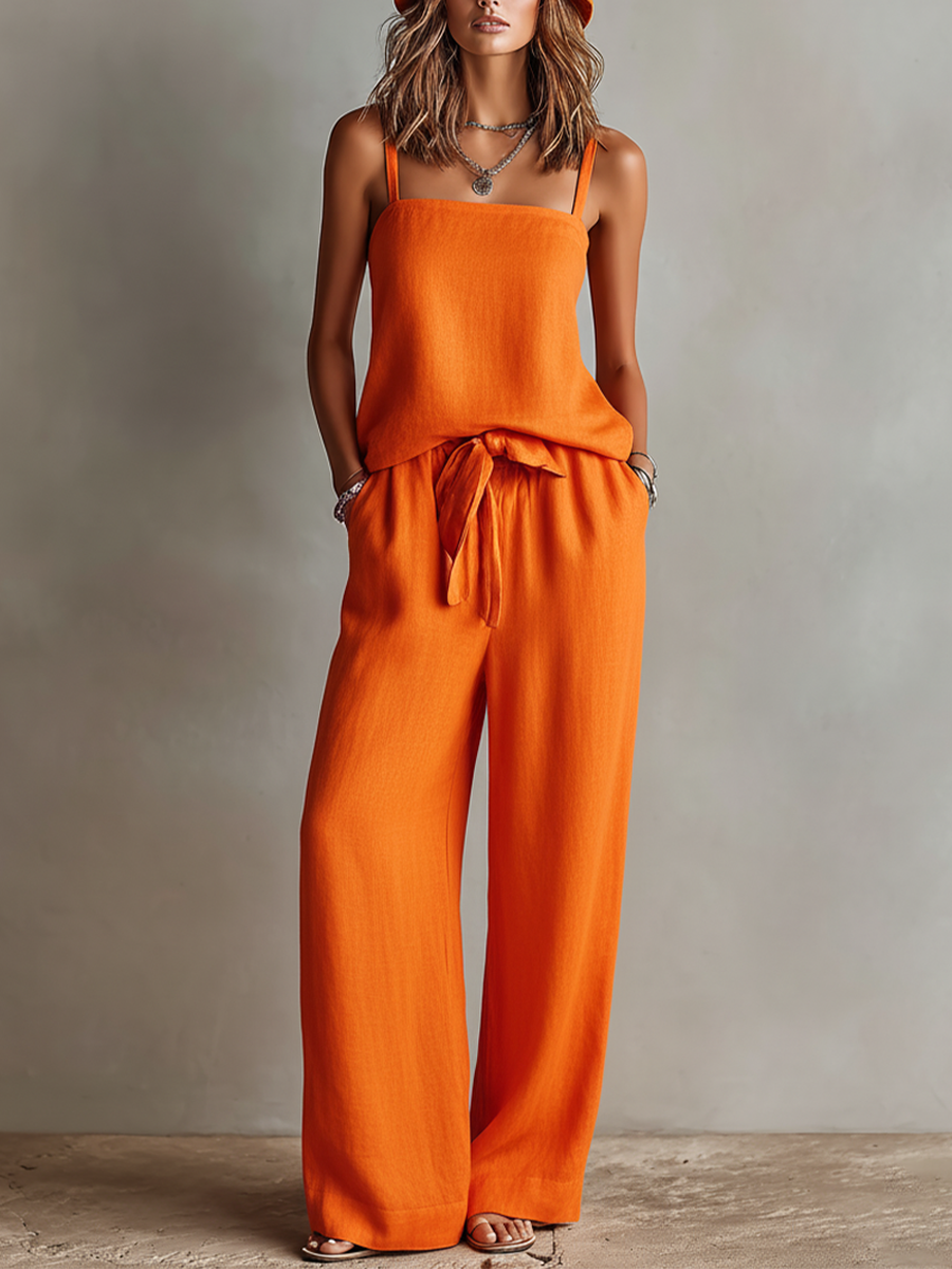 Women's Orange Linen Two-Piece Set With Square Neck Cami Top & Tie-Waist Wide-Leg Trousers, Timeless Boho-Resort Style Set MDZ0825D5I