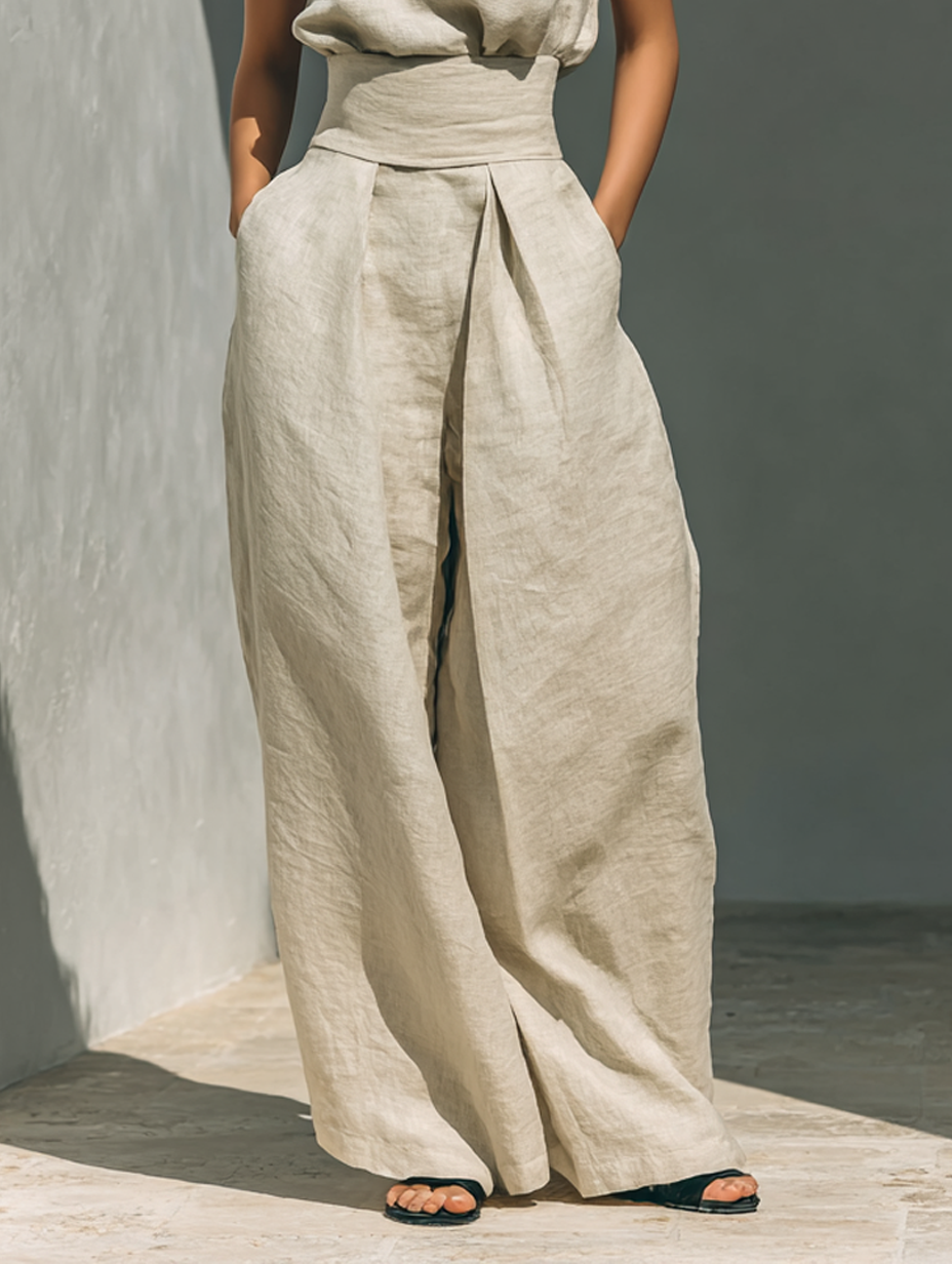 Women's Minimalist Cotton and Linen Blend Sleeveless Blouse and Wide-leg Trousers Set MDZ0873A5Y