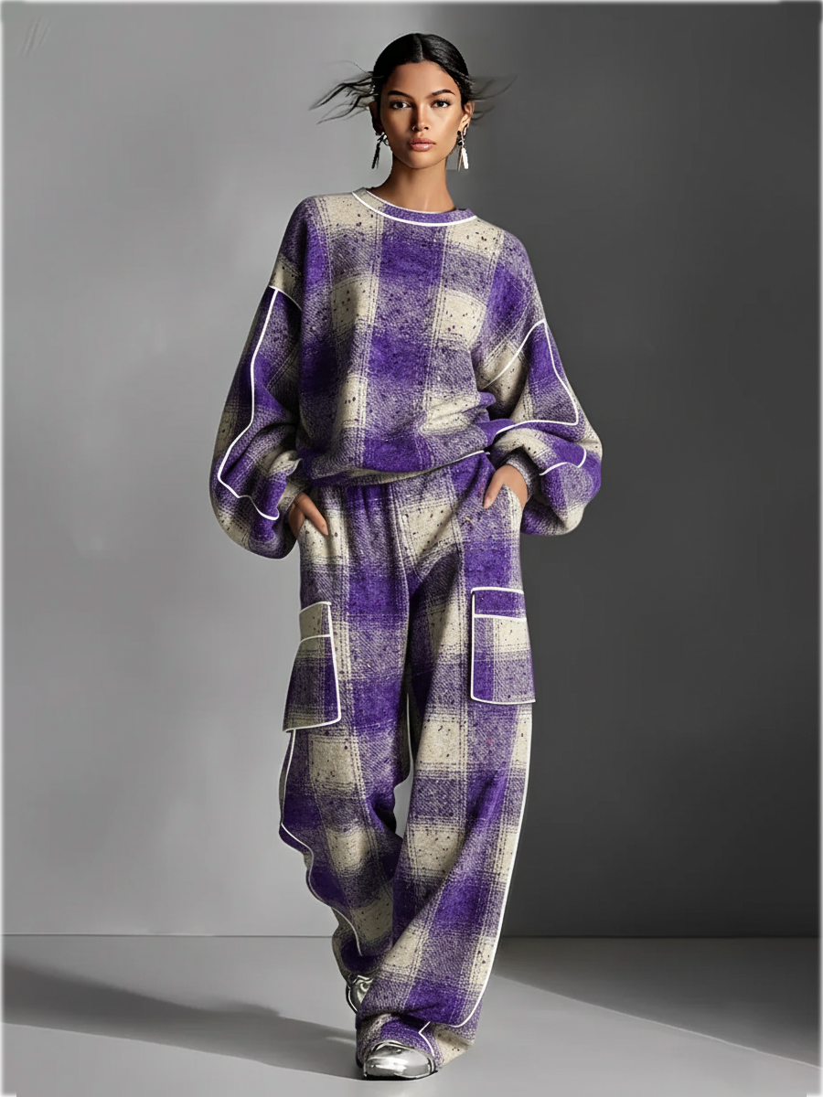 Women's Red And Grey Plaid Brushed Distressed Street Style Colour-Blocked Piping Pantsuit Set MDA1065K4I