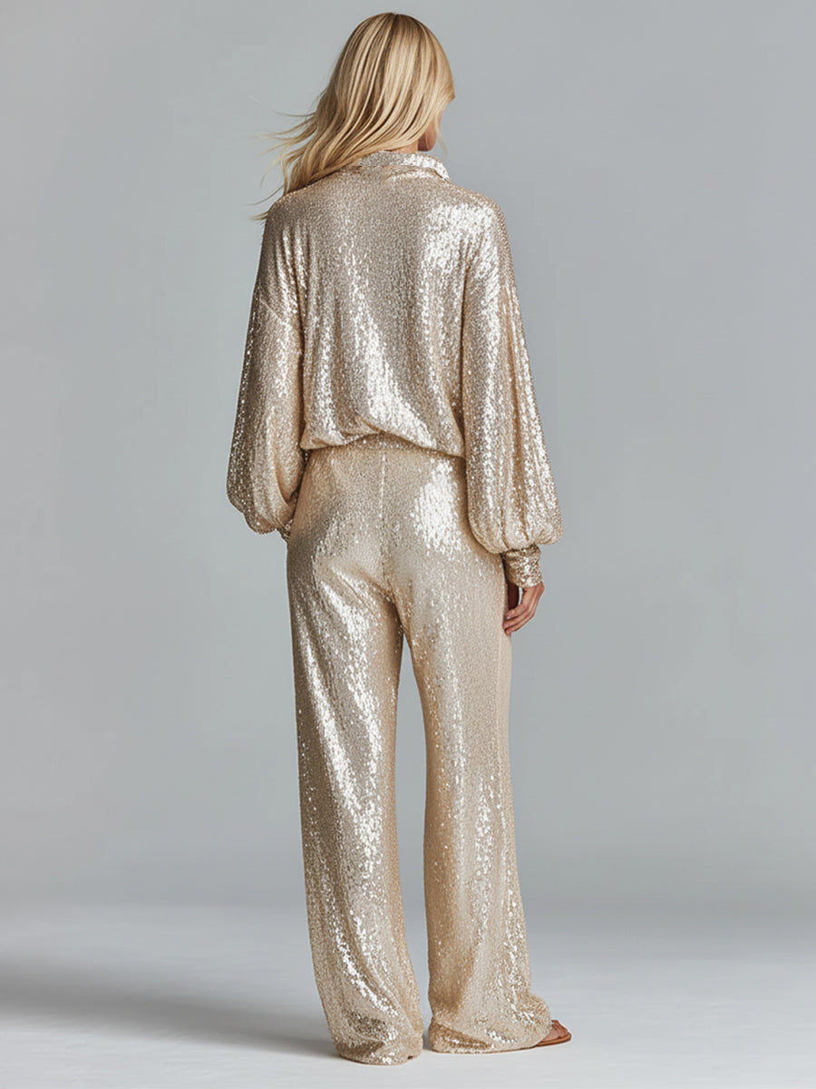 Women's Gold Glamorous Sequin Collared Half-Zip Wide-Leg Loungewear Party Set MDA2425I0I