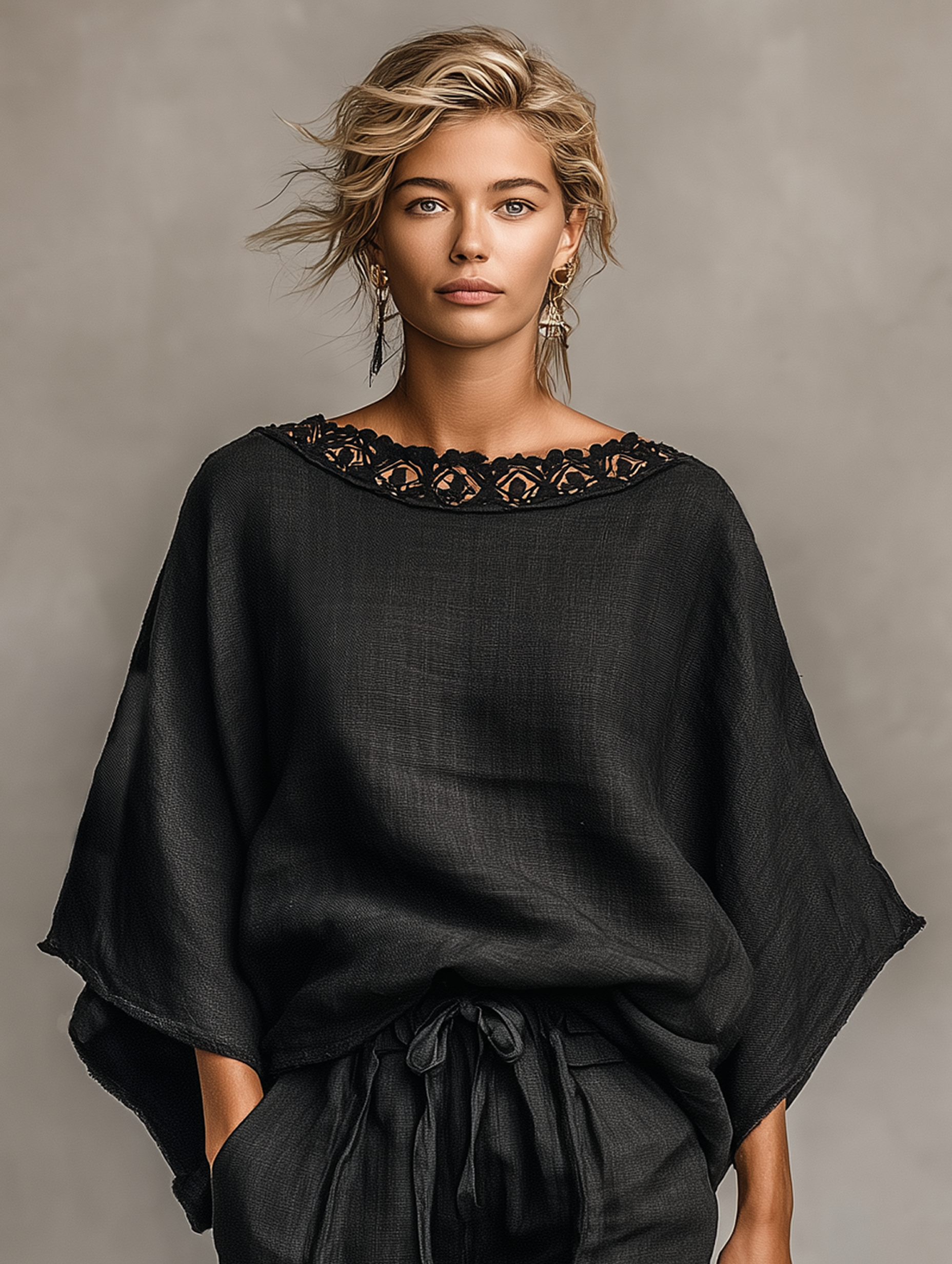 Women's Minimalist Linen Blend Lace Boat Neck Blouse and Shorts Set MDZ1635A9Y