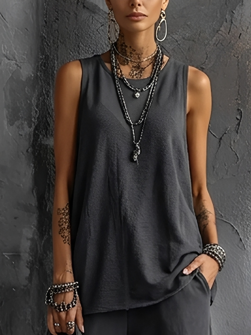 Women's Casual Style Dark Grey Cotton Blend Sleeveless Top + Jogger Cargo Pants Set MDZ2365D7GMJ