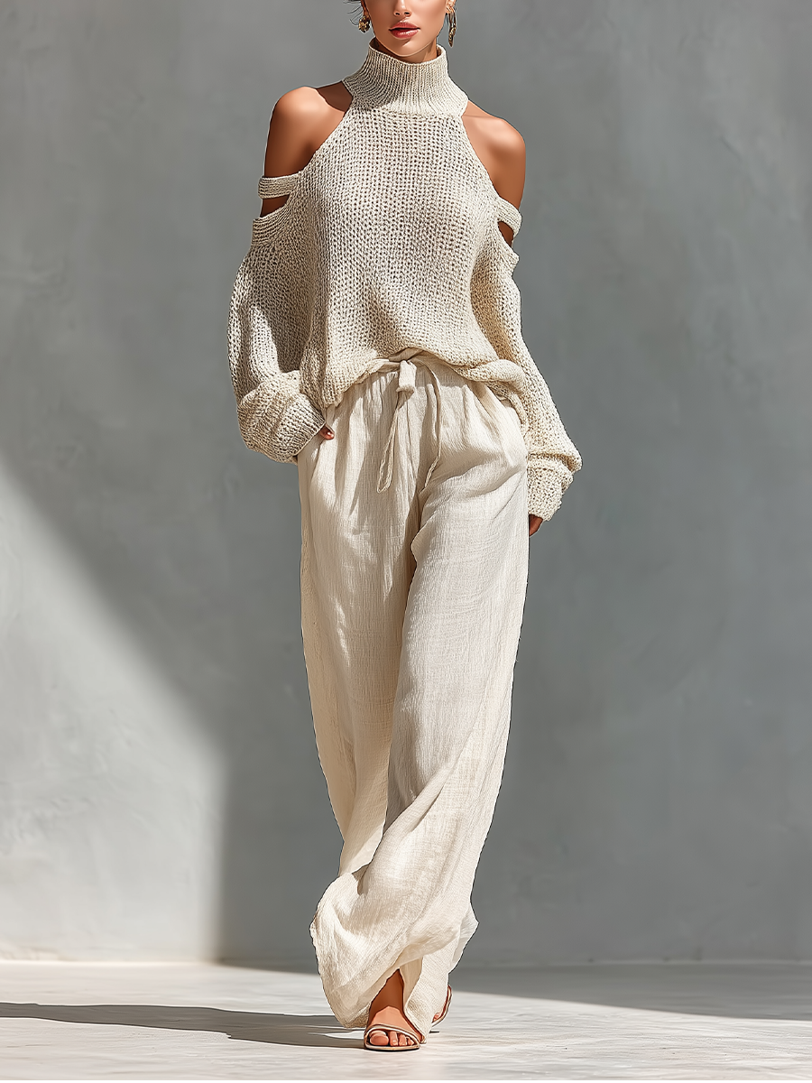 Women's Beige Knit Fabric Cold-Shoulder Turtleneck Top & Wide-Leg Trousers Set MDZ0984A5T