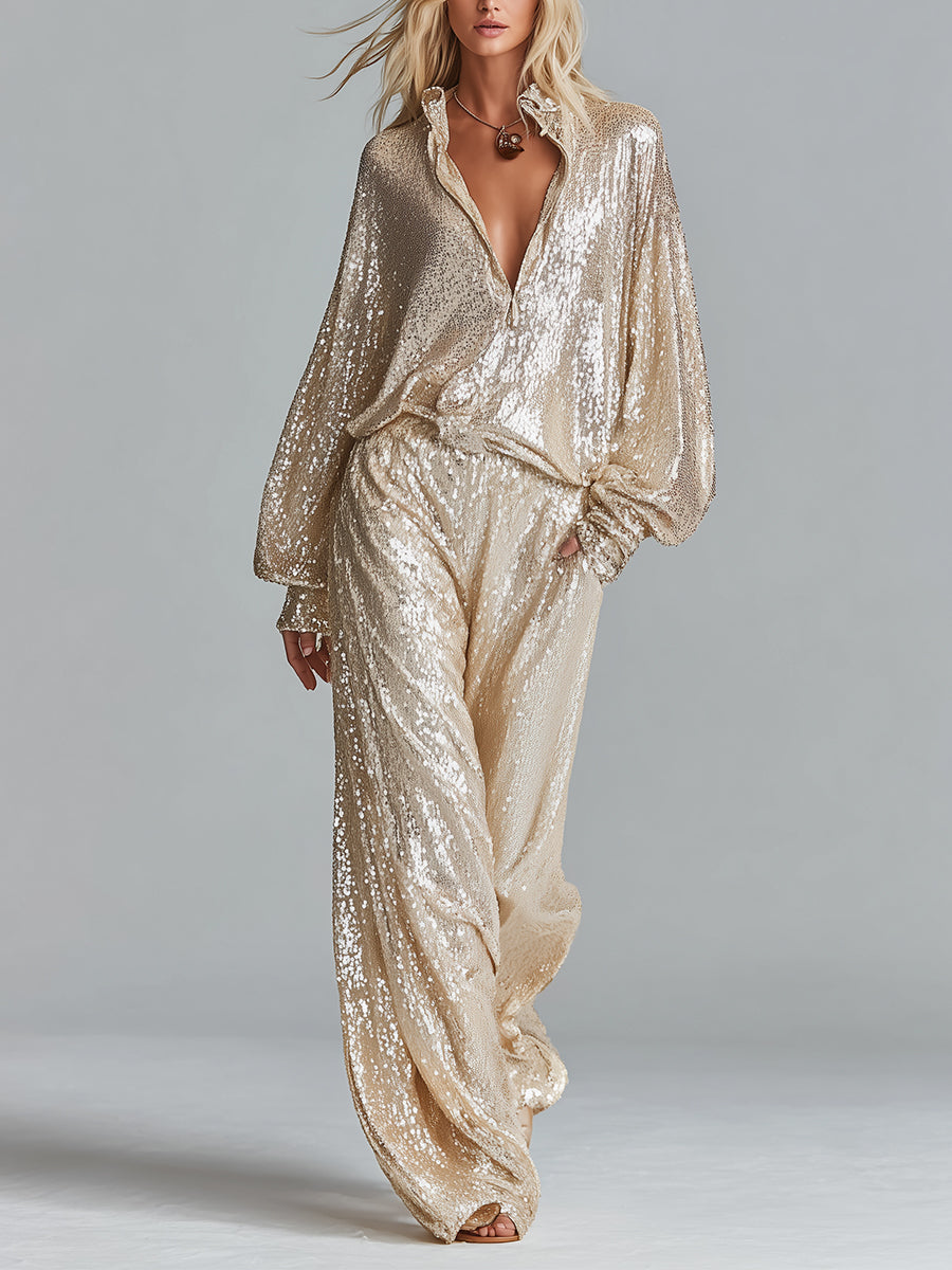 Women's Gold Glamorous Sequin Collared Half-Zip Wide-Leg Loungewear Party Set MDA2425I0I