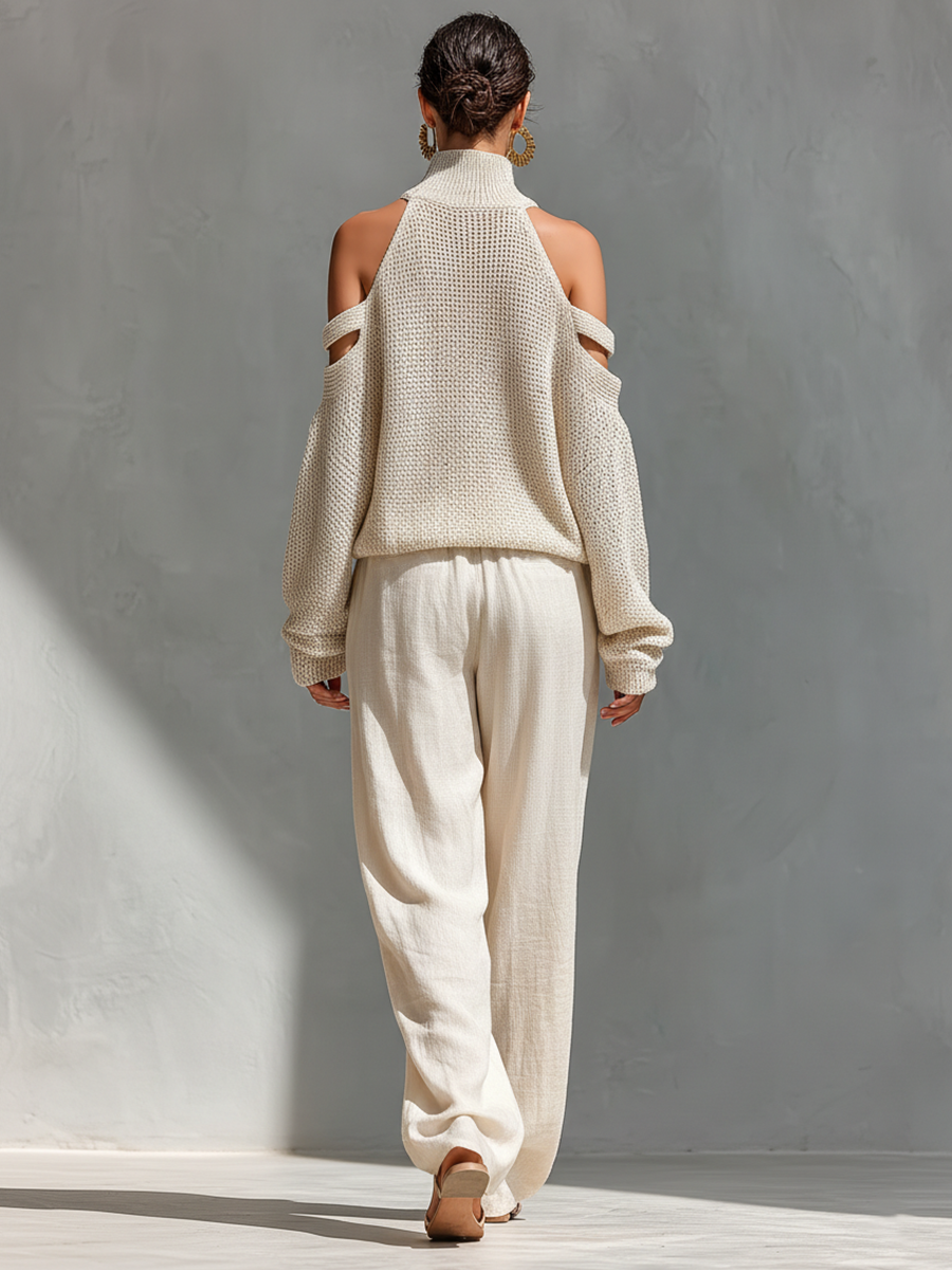 Thalia - Beige Knit Off-Shoulder Turtleneck Top & Wide Leg Trousers Set