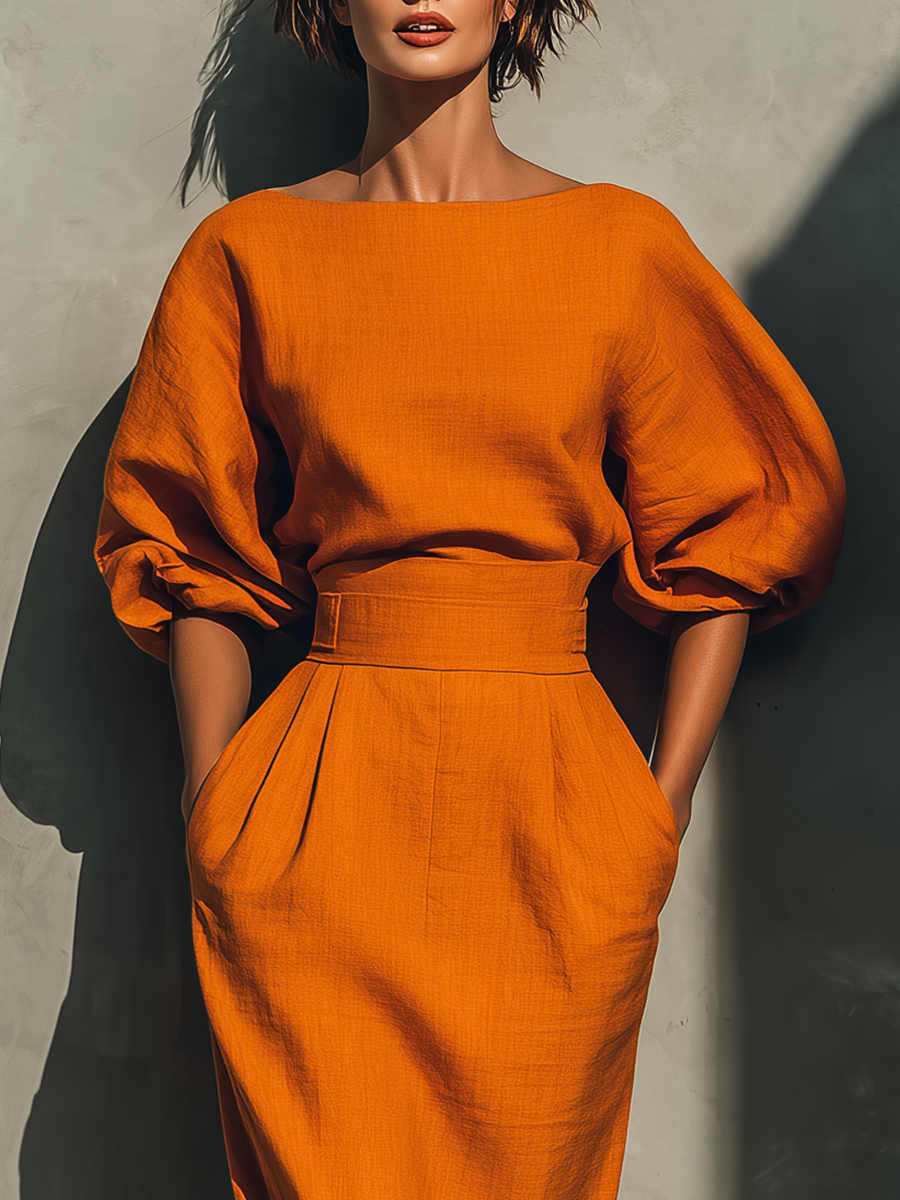 Women's Orange Mid-sleeve Top and Midi Skirt Set MDA2511G6T