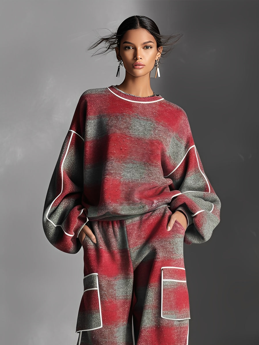Women's Red And Grey Plaid Brushed Distressed Street Style Colour-Blocked Piping Pantsuit Set MDA1065K4I