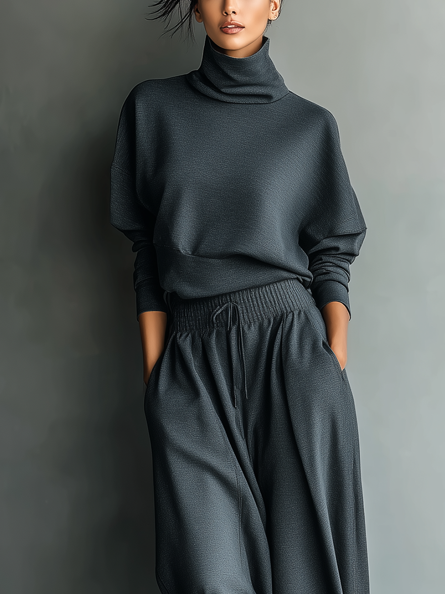 Women's Charcoal Knit Fabric Turtleneck Oversized Top & Wide-Leg Trousers Set MDA2435L7T