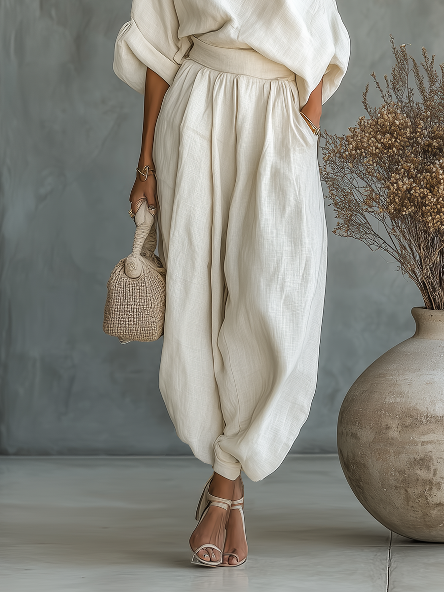 Women's Off-White Linen Set with Off-Shoulder Top and Tapered Trousers • S1