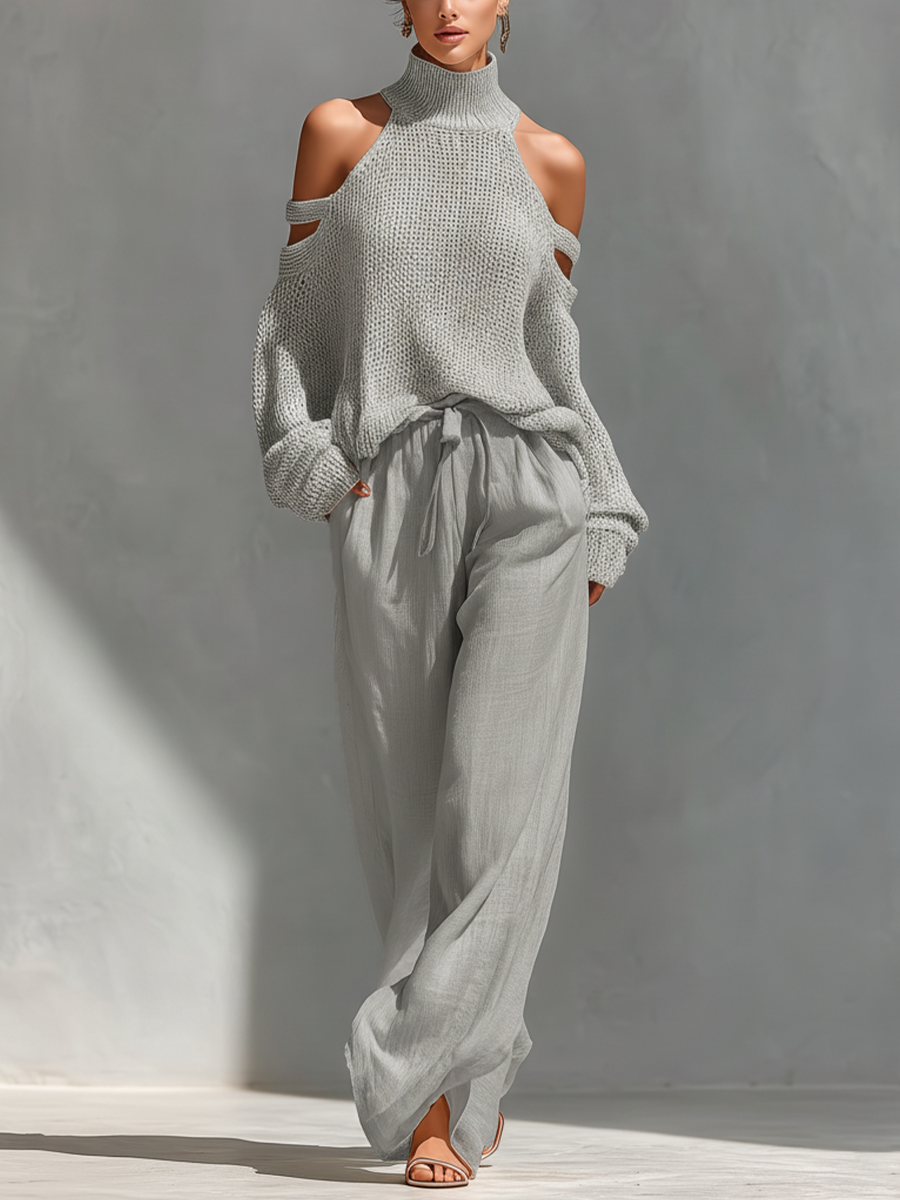Women's Beige Knit Fabric Cold-Shoulder Turtleneck Top & Wide-Leg Trousers Set MDZ0984A5T