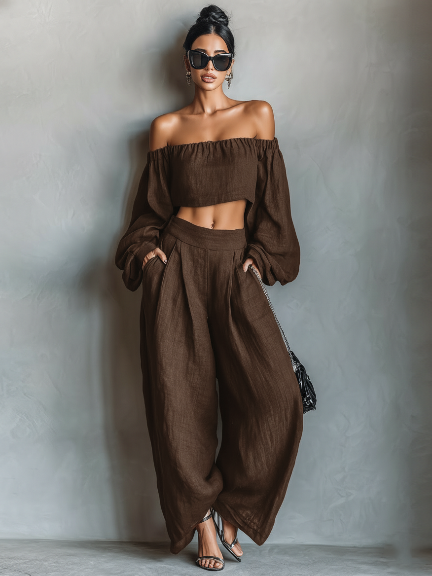 Women's Minimalist Linen Blend Strapless Long-sleeved Blouse and Wide-leg Trousers Set MDA1900L7Y