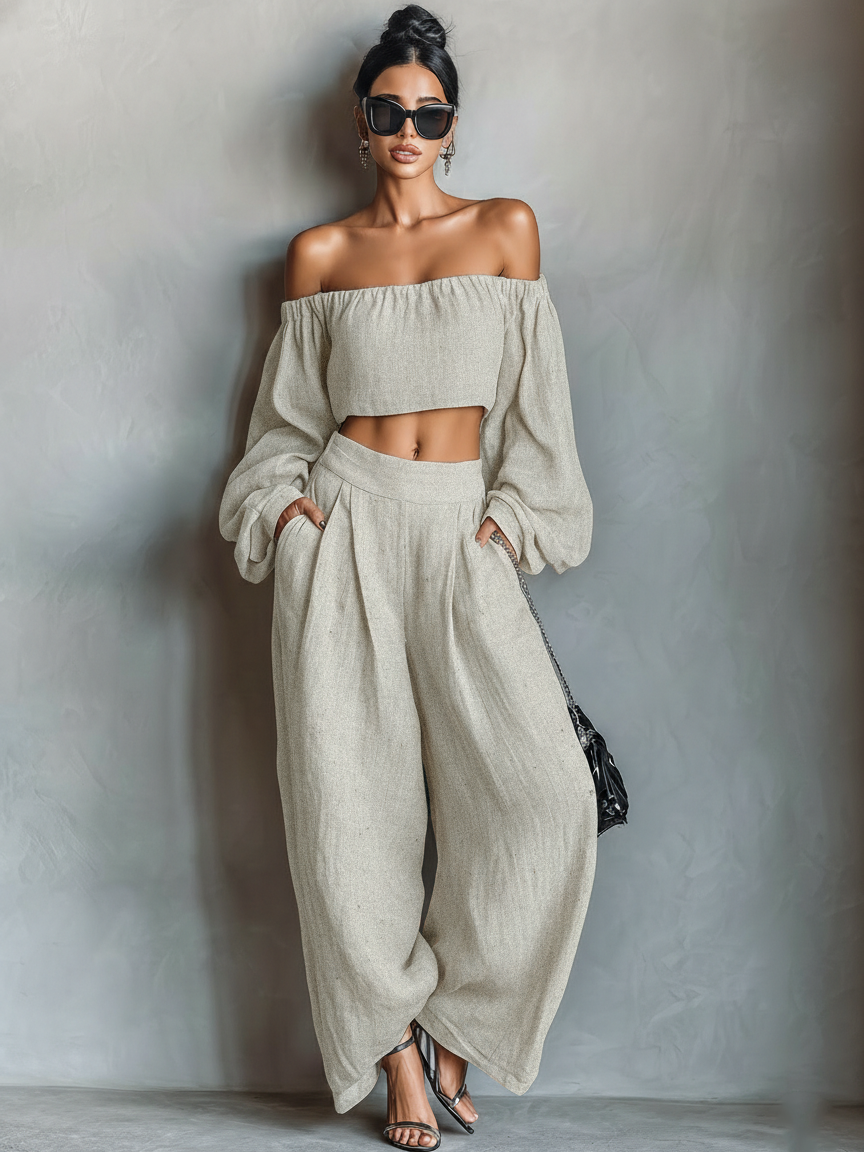Women's Minimalist Linen Blend Strapless Long-sleeved Blouse and Wide-leg Trousers Set MDA1900L7Y
