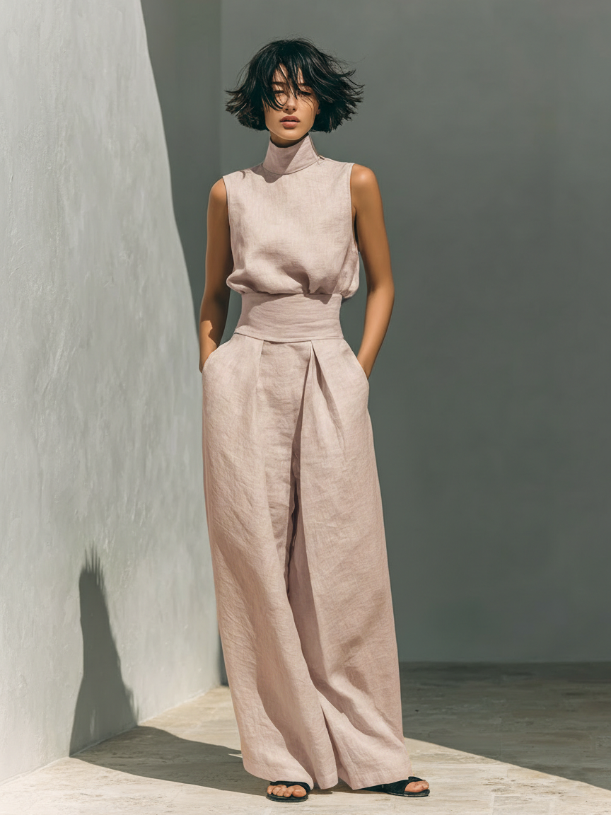 Women's Minimalist Cotton and Linen Blend Sleeveless Blouse and Wide-leg Trousers Set MDZ0873A5Y