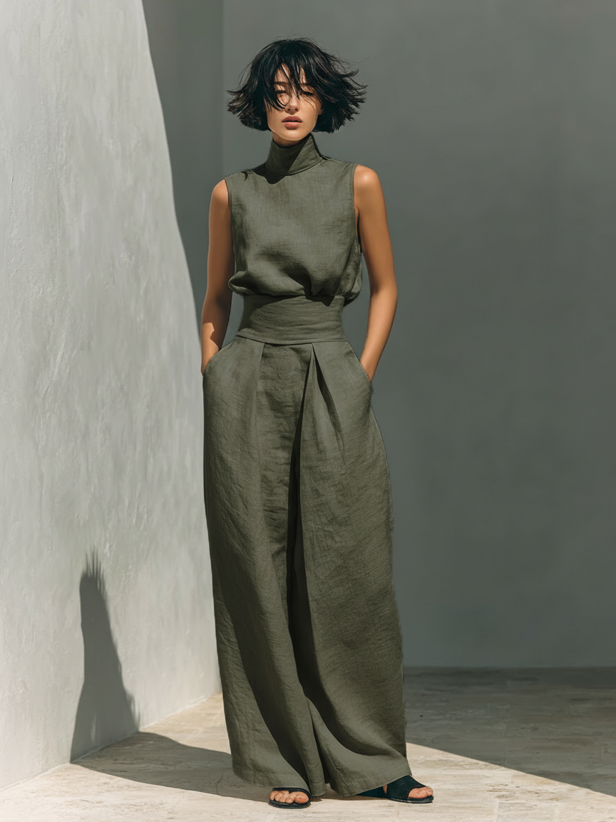 Women's Minimalist Cotton and Linen Blend Sleeveless Blouse and Wide-leg Trousers Set MDZ0873A5Y