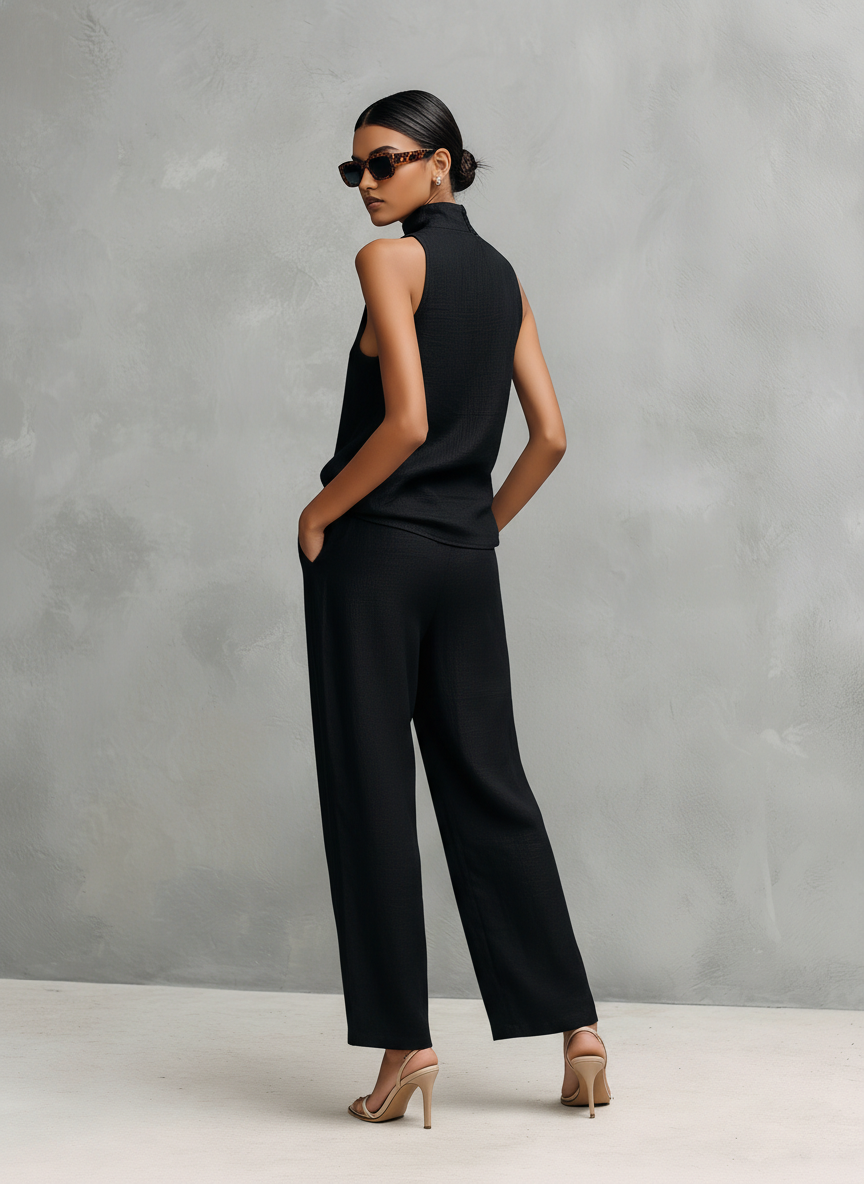 Women's Elegant Black Cotton and Linen Round-Neck Sleeveless Top and Trousers Set MDZ1441A4AN