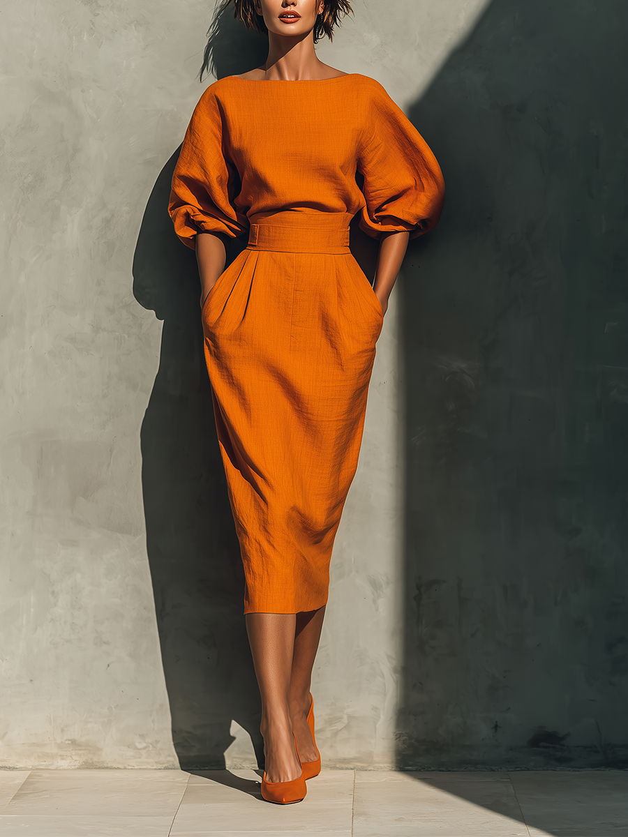 Women's Orange Mid-sleeve Top and Midi Skirt Set MDA2511G6T