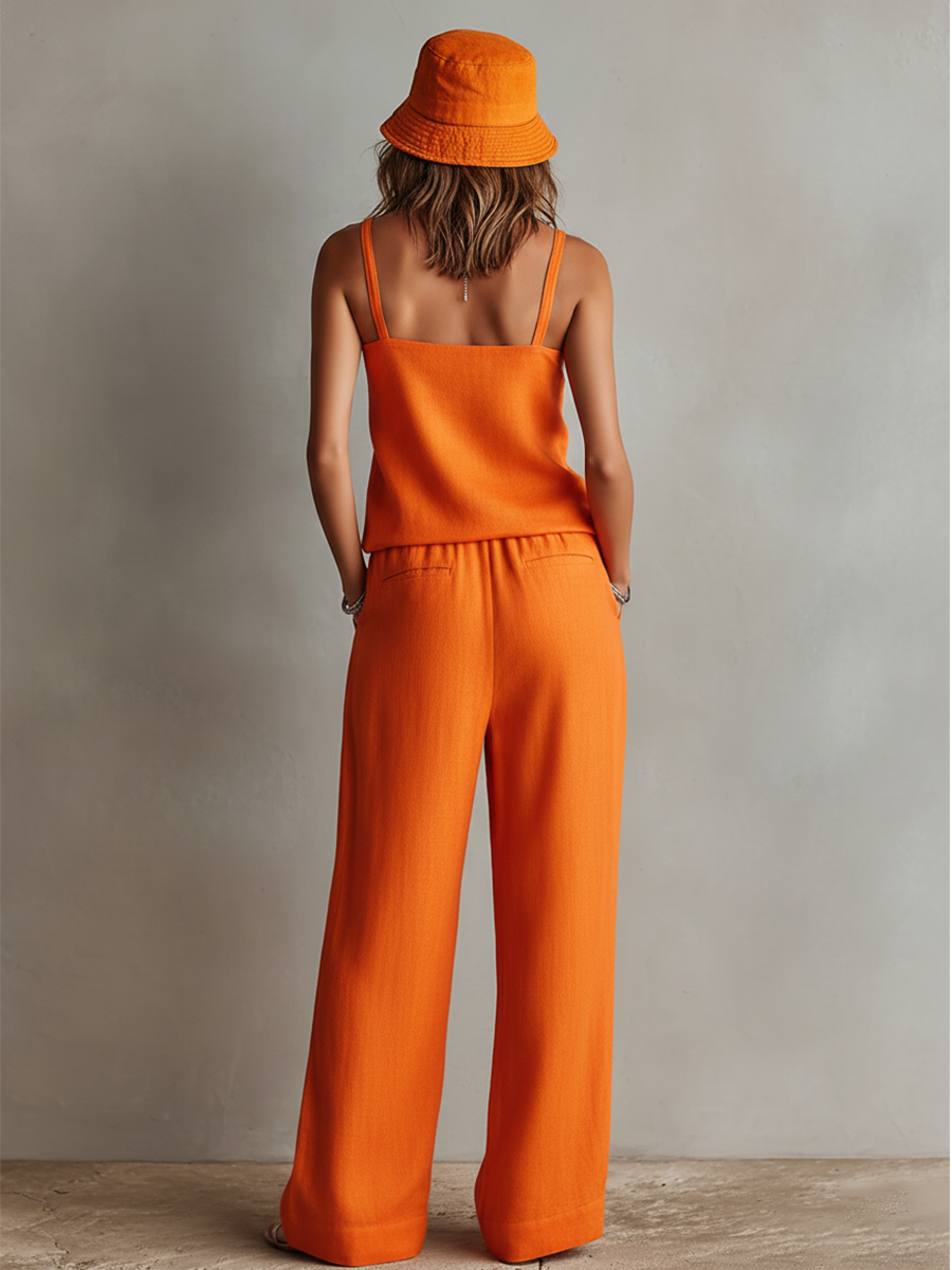Women's Orange Linen Two-Piece Set With Square Neck Cami Top & Tie-Waist Wide-Leg Trousers, Timeless Boho-Resort Style Set MDZ0825D5I