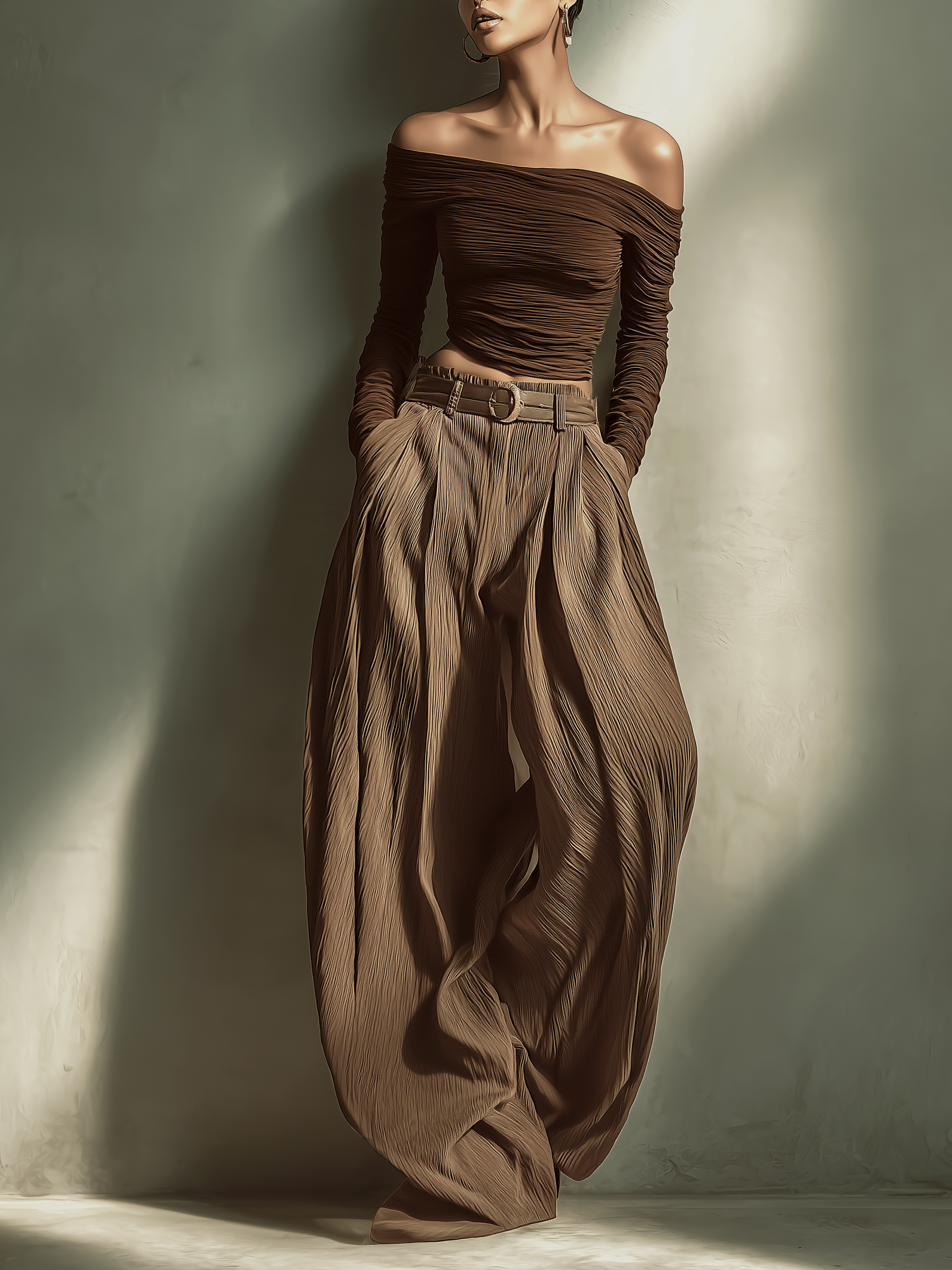 Women's Fashionable and Sexy Dark Brown Off-the-Shoulder Long-Sleeved Fitted Top Paired with Matching Wide-Leg Trousers (Belt Not Included) MDA1455K9AN
