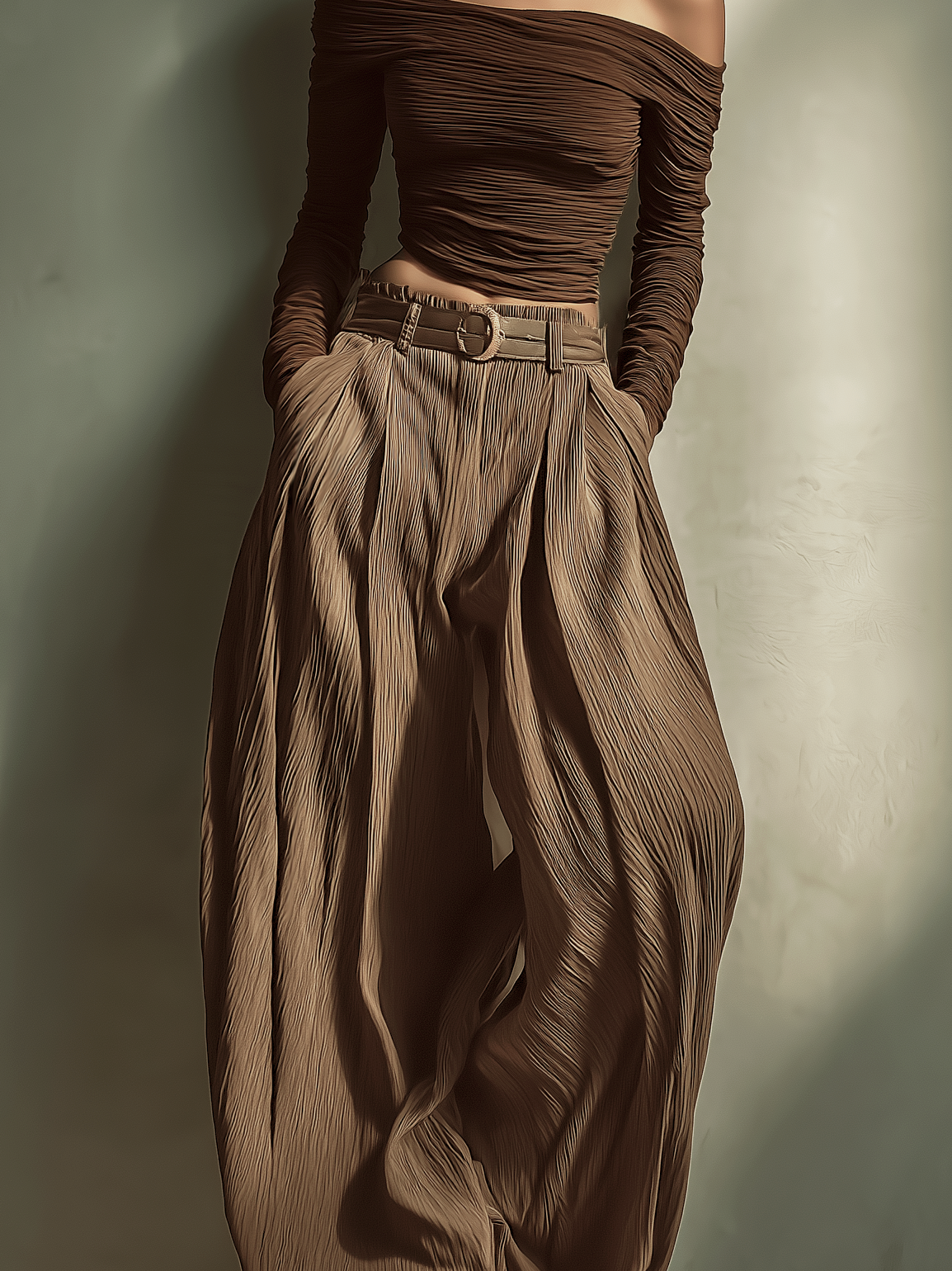 Women's Fashionable and Sexy Dark Brown Off-the-Shoulder Long-Sleeved Fitted Top Paired with Matching Wide-Leg Trousers (Belt Not Included) MDA1455K9AN