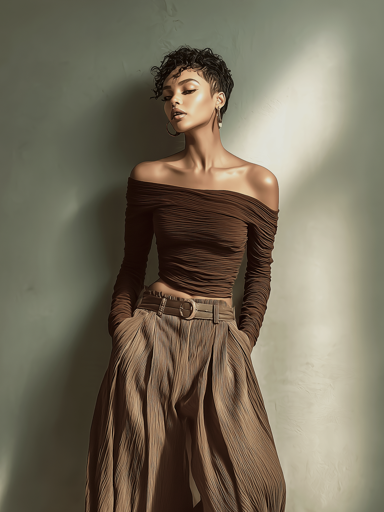 Women's Fashionable and Sexy Dark Brown Off-the-Shoulder Long-Sleeved Fitted Top Paired with Matching Wide-Leg Trousers (Belt Not Included) MDA1455K9AN