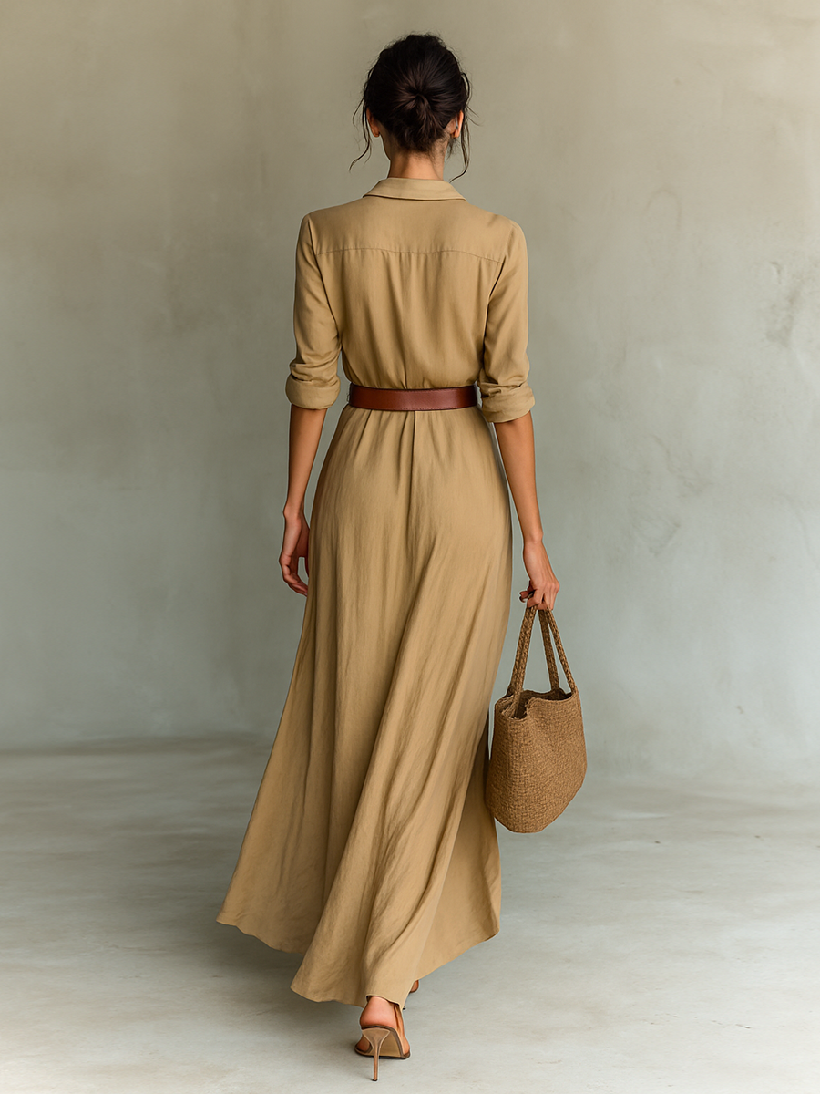 Long Maxi Dress with Lapel Collar and Long Sleeves