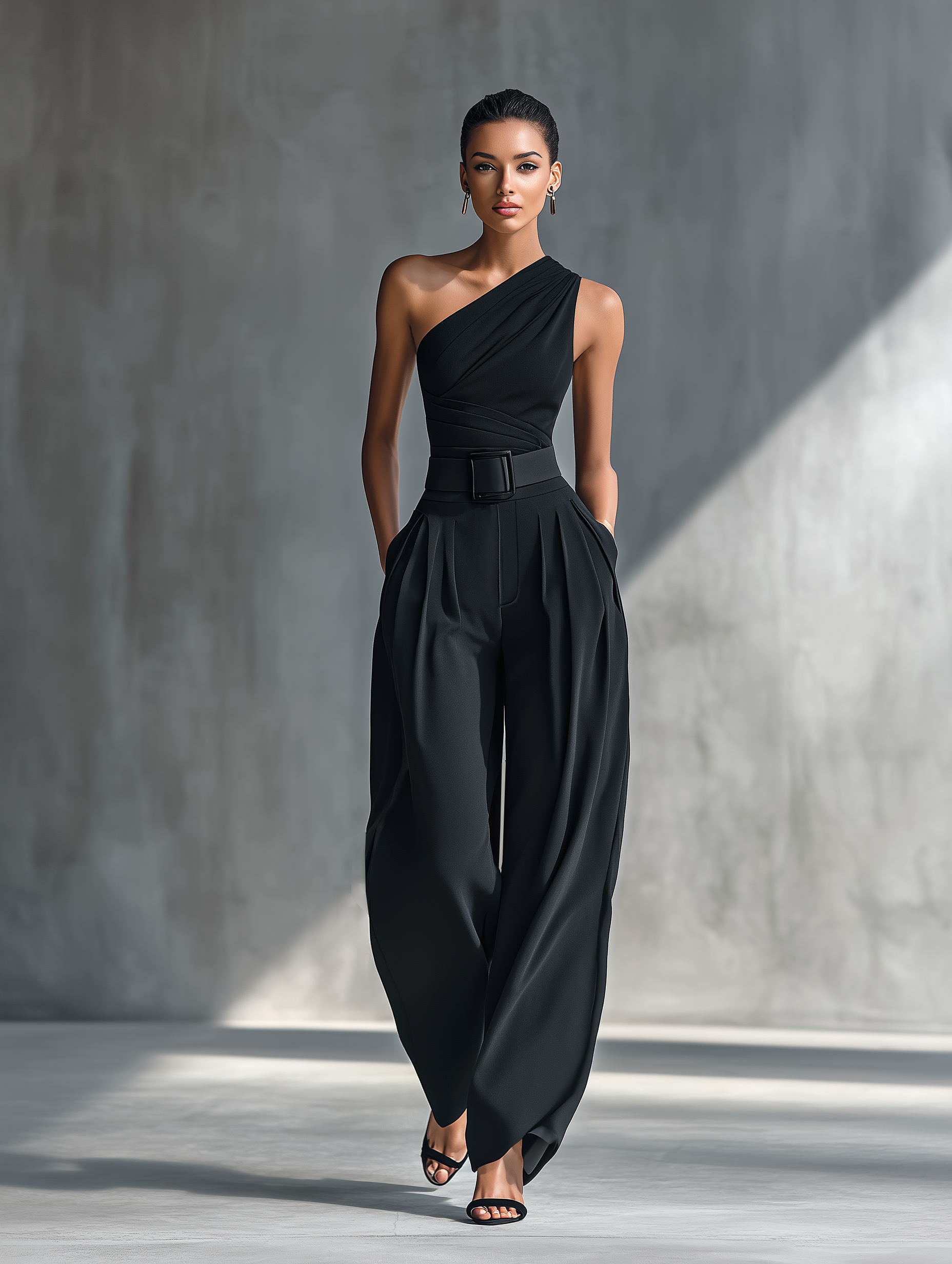 Women's Black High-elastic Knit Top and Acetate Wide-leg Trousers MDZ1068B3T
