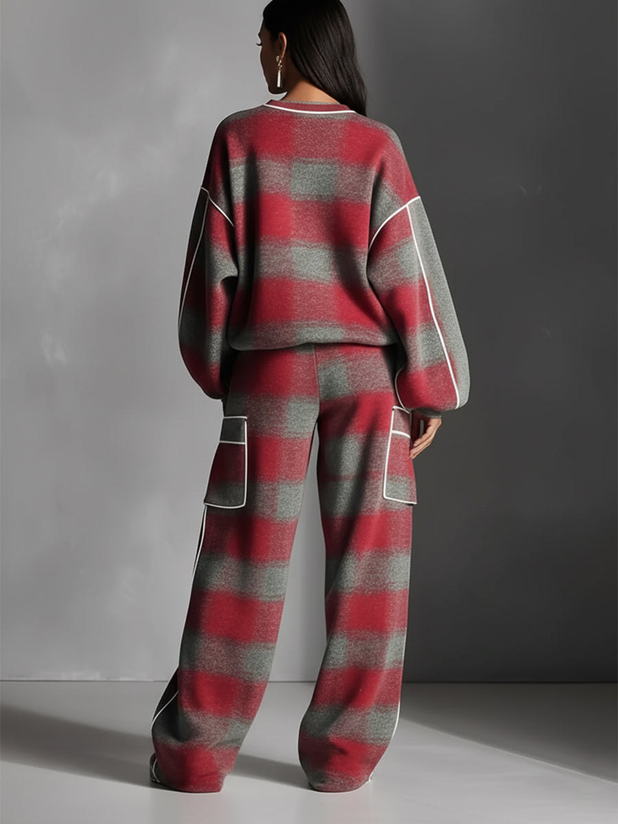 Women's Red And Grey Plaid Brushed Distressed Street Style Colour-Blocked Piping Pantsuit Set MDA1065K4I
