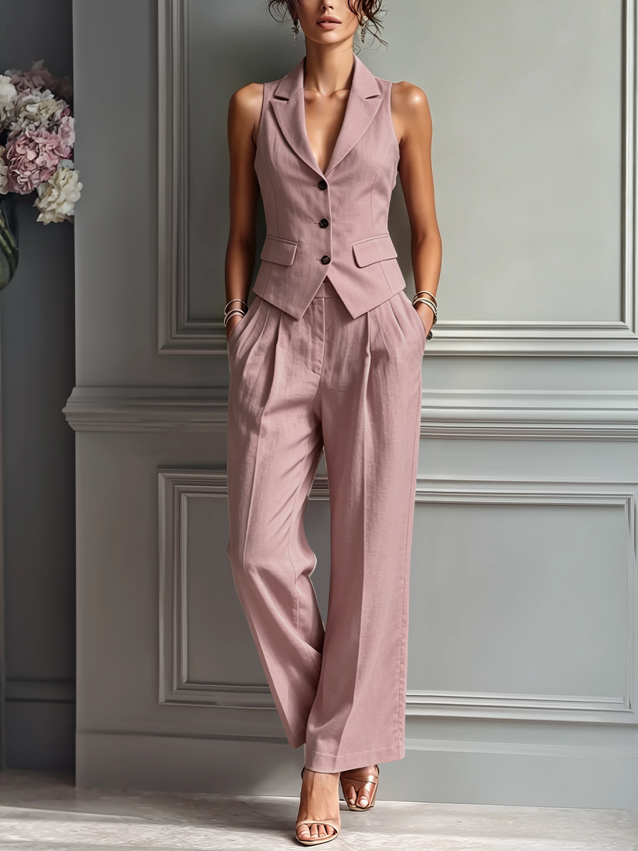 Women's Blush Pink Linen Fabric Sleeveless Vest & Wide-Leg Trousers Two-Piece Set With Lapel Collar MDZ3005A5T