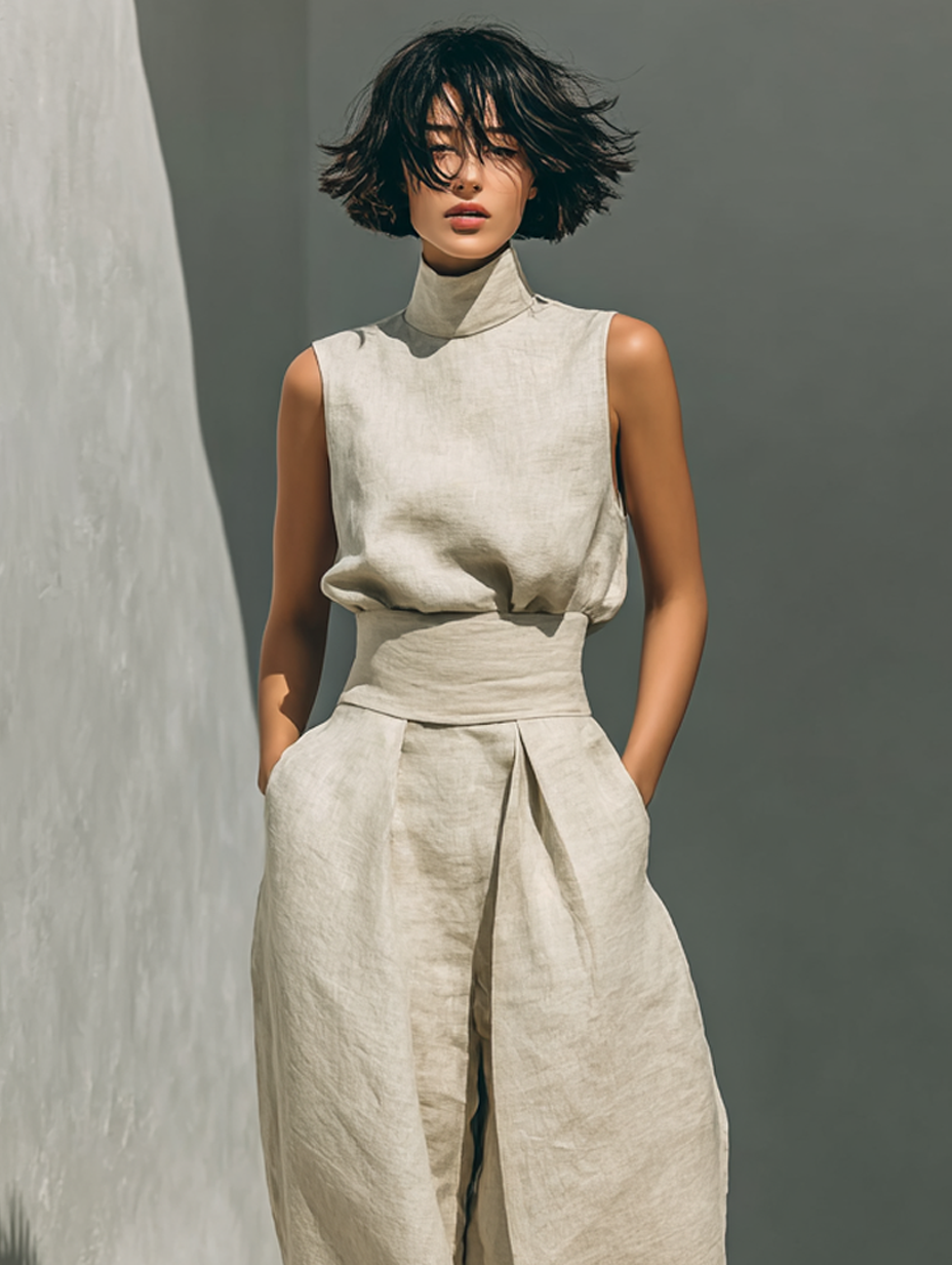 Women's Minimalist Cotton and Linen Blend Sleeveless Blouse and Wide-leg Trousers Set MDZ0873A5Y