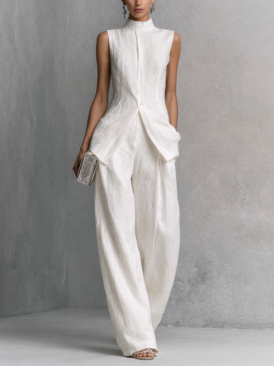 Women's Elegant White Cotton Linen Sleeveless Top and Wide-Leg Trousers Set MDZ0221B1BA