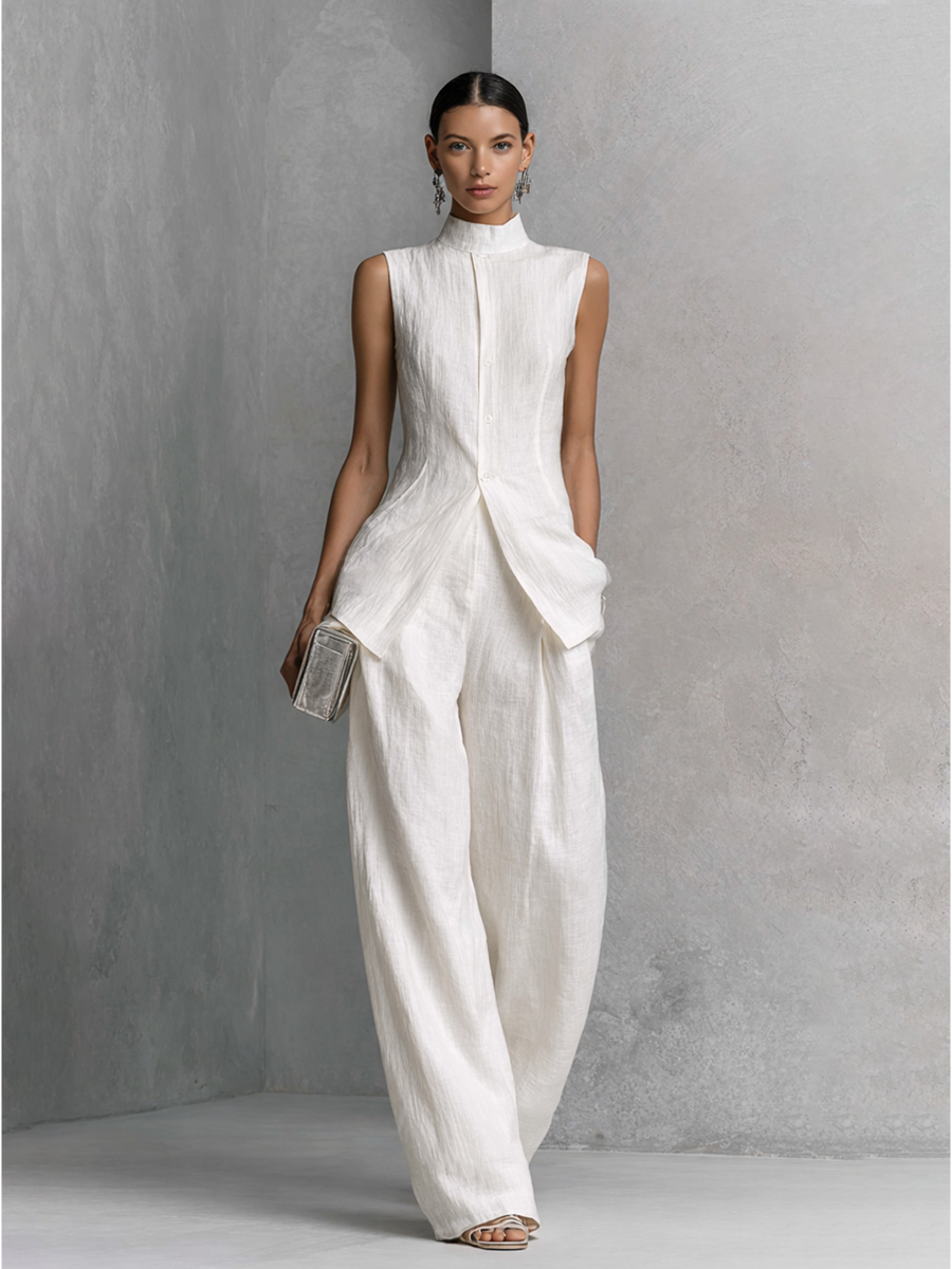 Women's Elegant White Cotton Linen Sleeveless Top and Wide-Leg Trousers Set MDZ0221B1BA