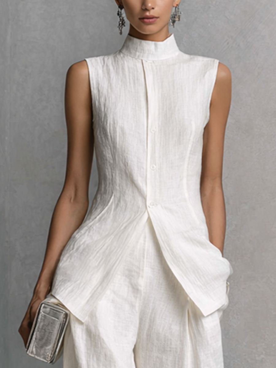 Women's Elegant White Cotton Linen Sleeveless Top and Wide-Leg Trousers Set MDZ0221B1BA