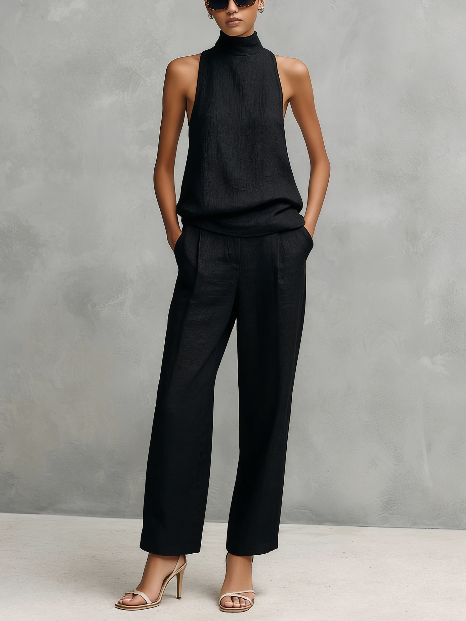Women's Elegant Black Cotton and Linen Round-Neck Sleeveless Top and Trousers Set MDZ1441A4AN
