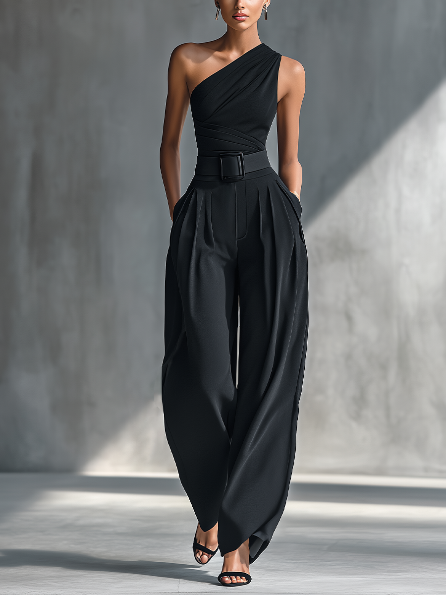 Women's Black High-elastic Knit Top and Acetate Wide-leg Trousers MDZ1068B3T