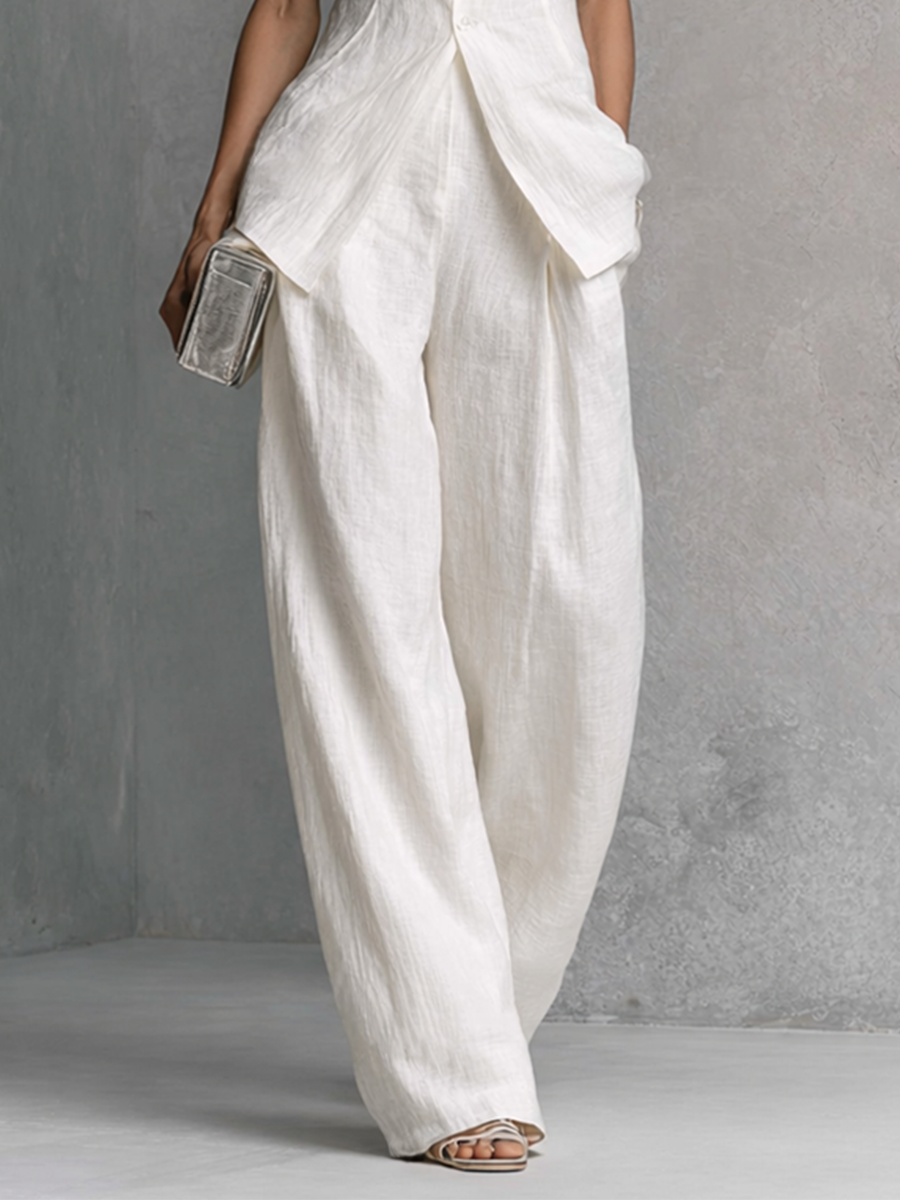Women's Elegant White Cotton Linen Sleeveless Top and Wide-Leg Trousers Set MDZ0221B1BA