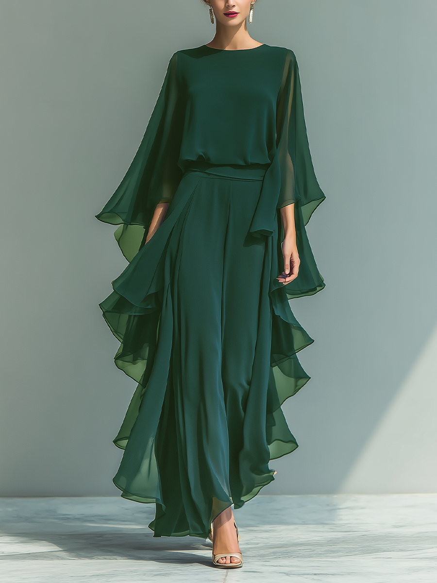 Women's Navy Blue Chiffon Top with Flared Sleeves and Straight-Leg Trousers Set with Ruffled Details MDZ2218A5T