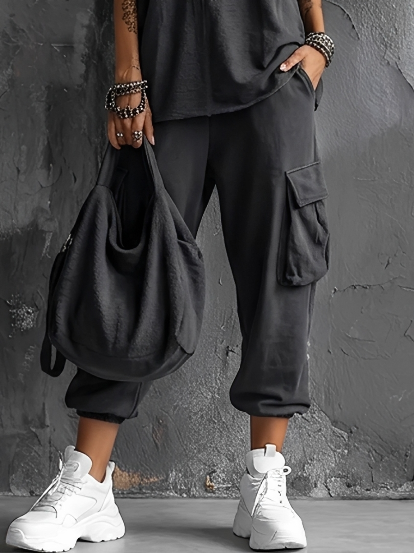 Women's Casual Style Dark Grey Cotton Blend Sleeveless Top + Jogger Cargo Pants Set MDZ2365D7GMJ