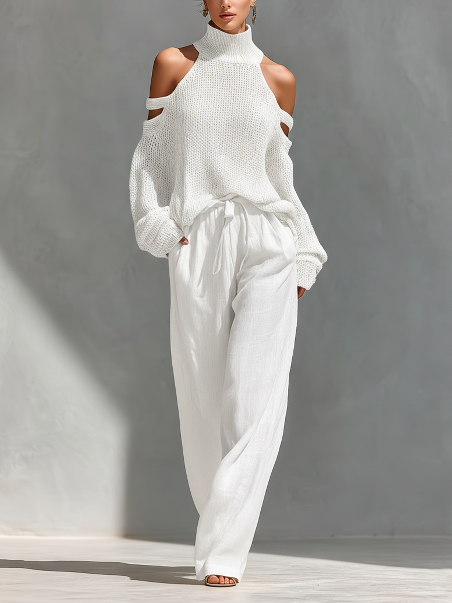 Thalia - Beige Knit Off-Shoulder Turtleneck Top & Wide Leg Trousers Set