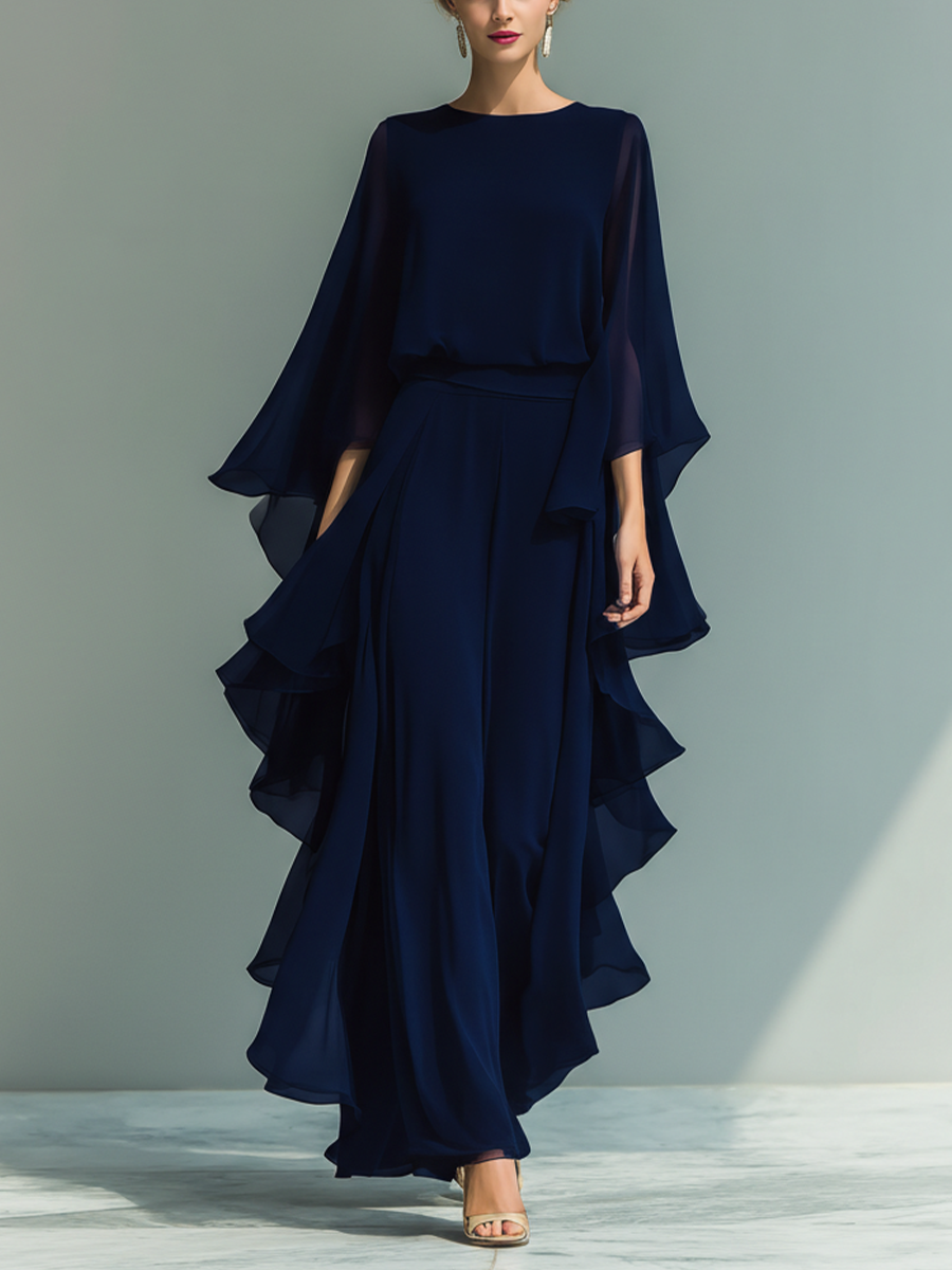 Women's Navy Blue Chiffon Top with Flared Sleeves and Straight-Leg Trousers Set with Ruffled Details MDZ2218A5T