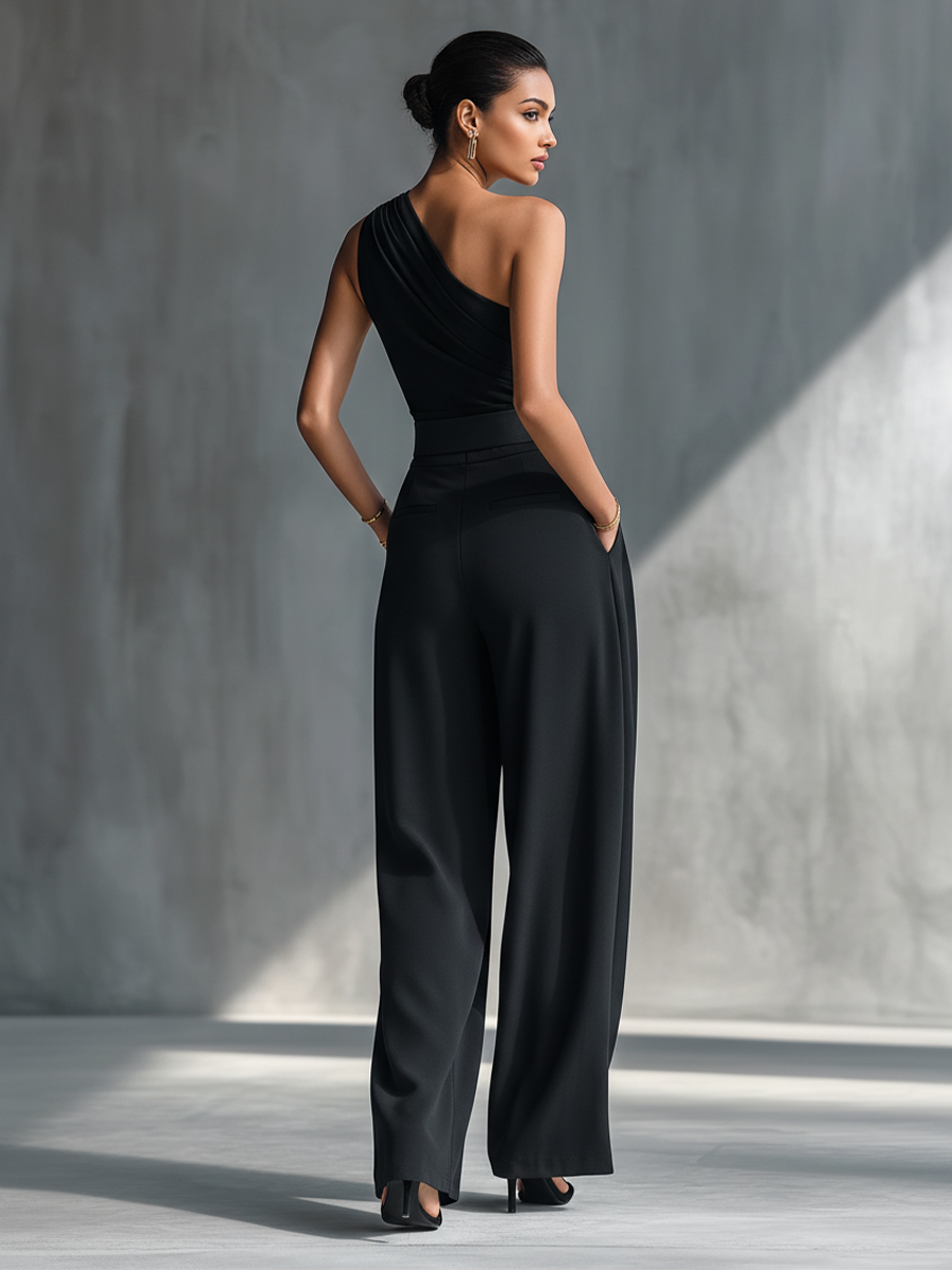 Women's Black High-elastic Knit Top and Acetate Wide-leg Trousers MDZ1068B3T