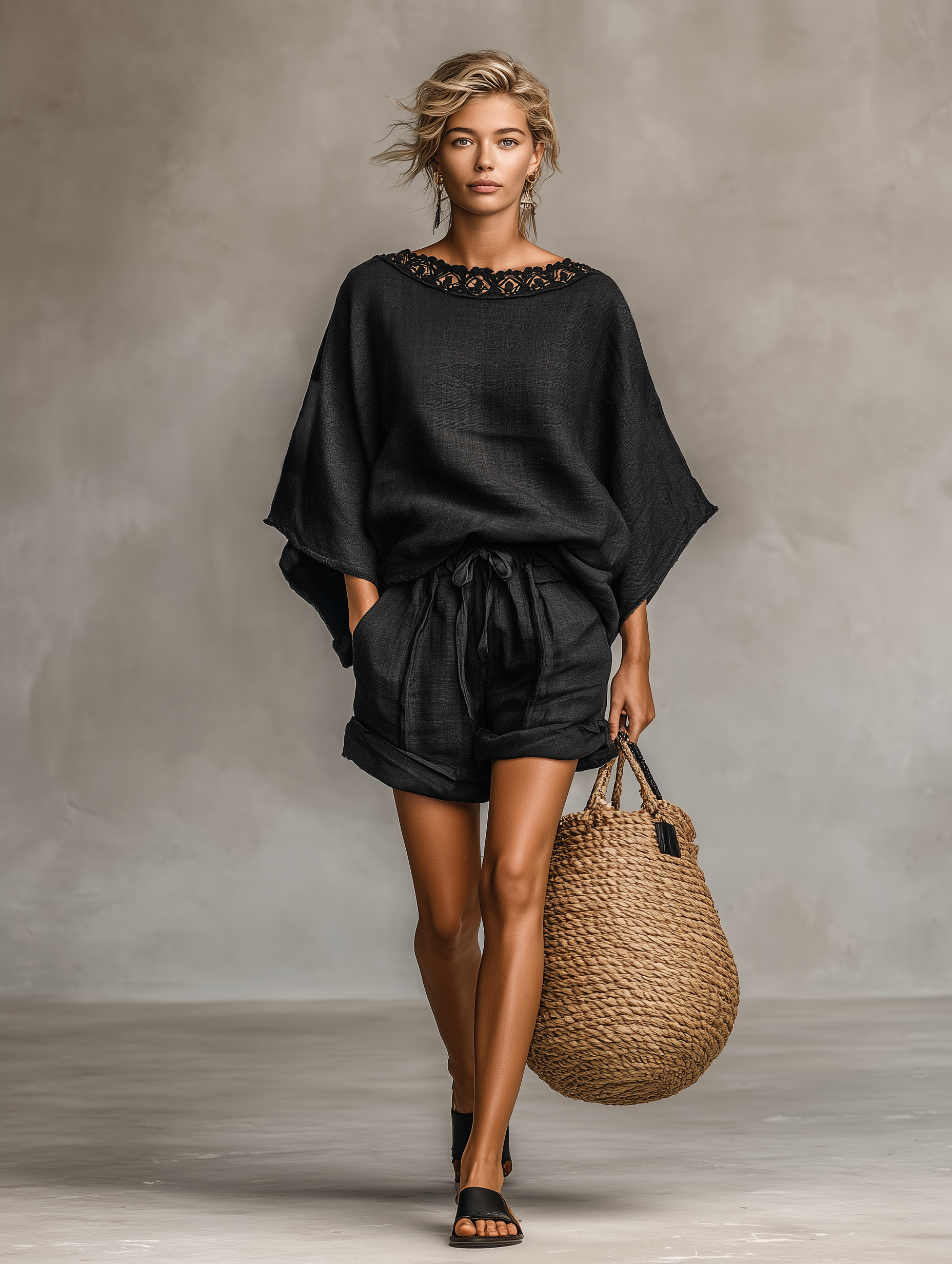 Women's Minimalist Linen Blend Lace Boat Neck Blouse and Shorts Set MDZ1635A9Y