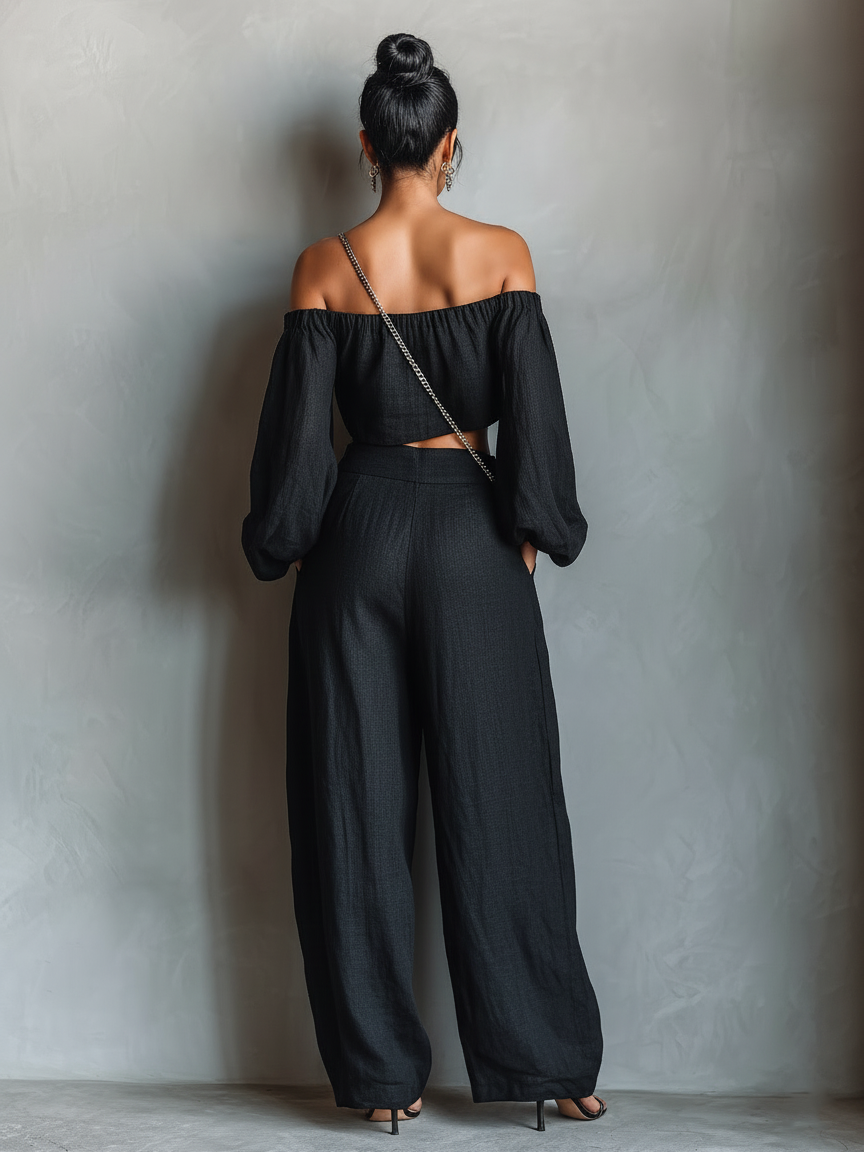 Women's Minimalist Linen Blend Strapless Long-sleeved Blouse and Wide-leg Trousers Set MDA1900L7Y