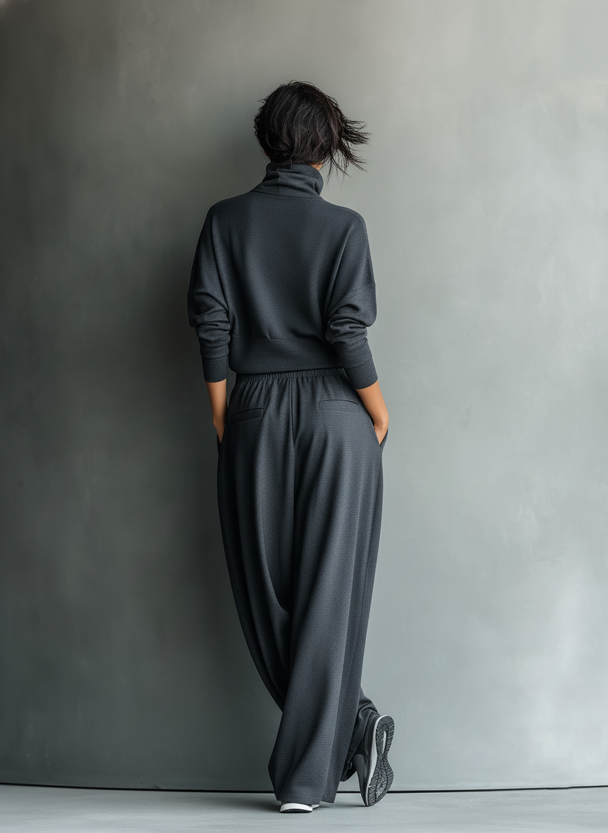 Women's Charcoal Knit Fabric Turtleneck Oversized Top & Wide-Leg Trousers Set MDA2435L7T