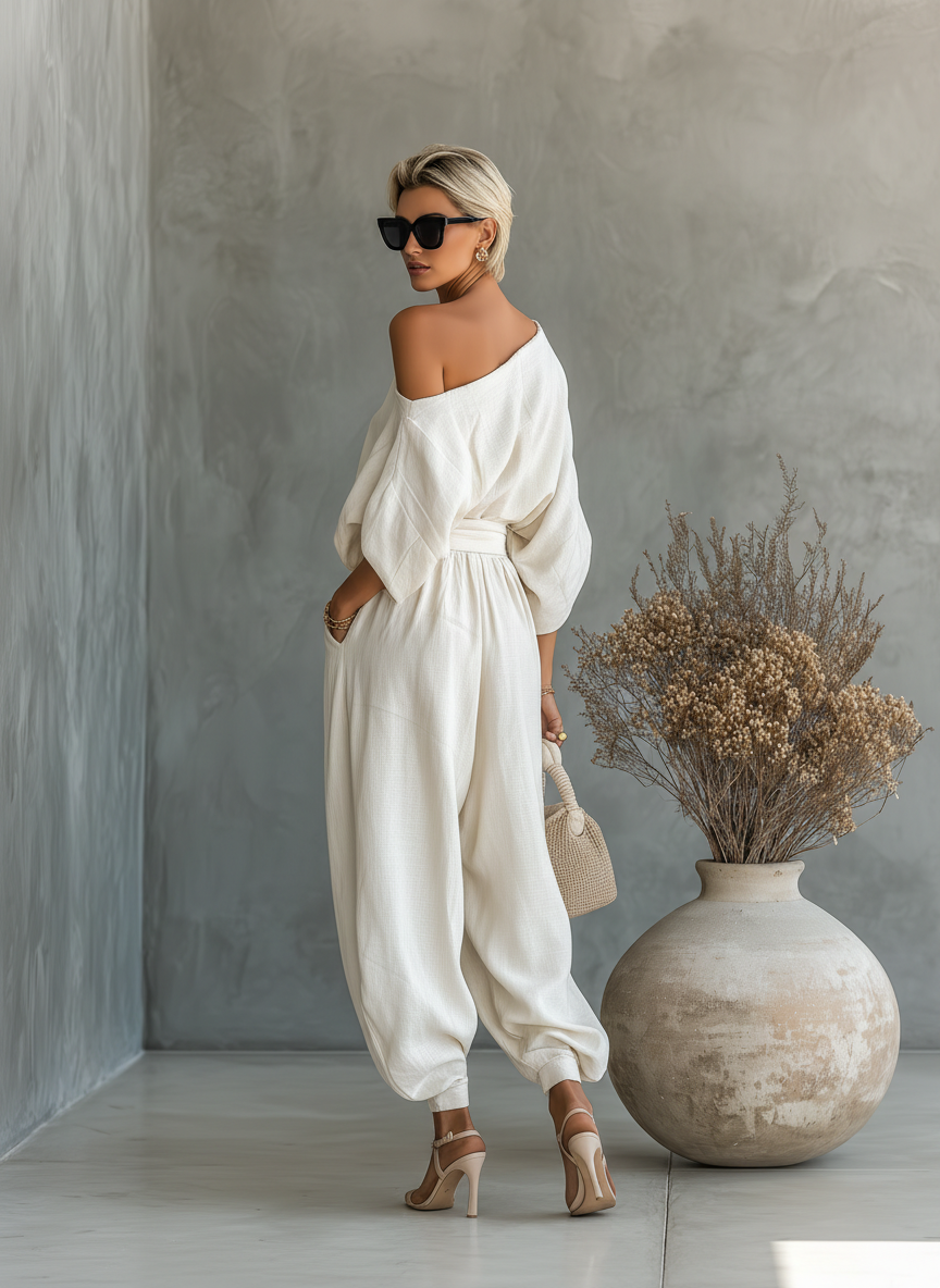 Women's Off-white Linen Off-shoulder Loose Casual Top and Tapered Trousers Set MDA2770K8T