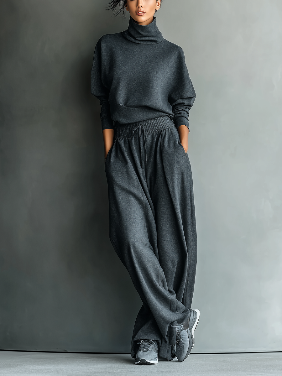 Women's Charcoal Knit Fabric Turtleneck Oversized Top & Wide-Leg Trousers Set MDA2435L7T